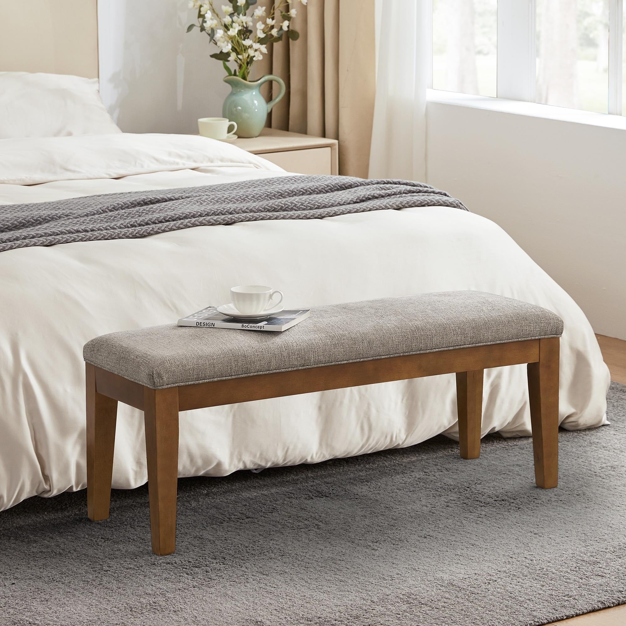 Upholstered Fabric Entryway Bench, Bedroom Bench for End of Bed Beige, Solid Wood 44-inch