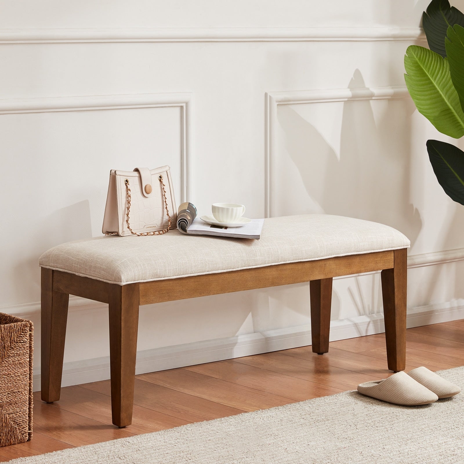 Upholstered Fabric Entryway Bench, Bedroom Bench for End of Bed Beige, Solid Wood 44-inch