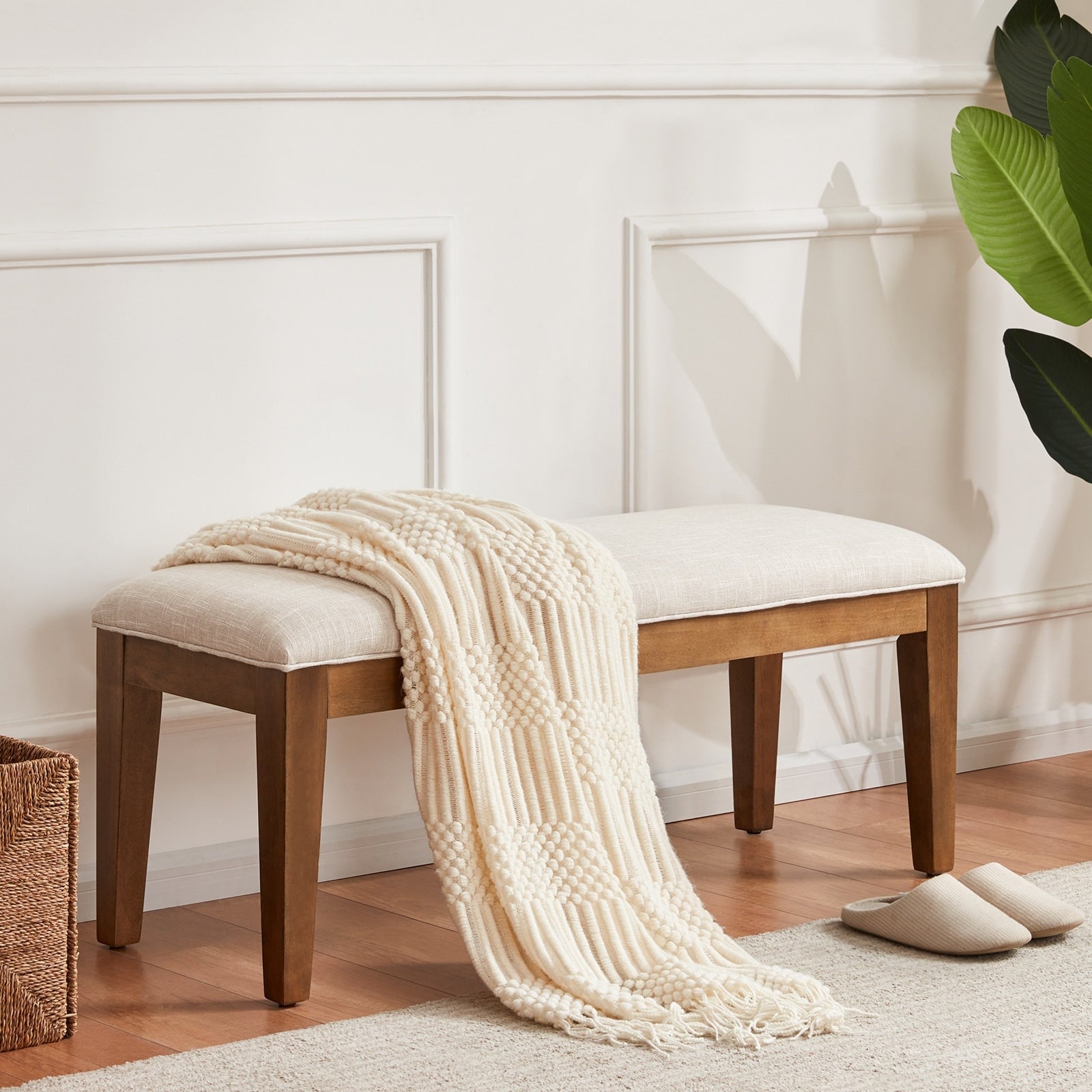 Upholstered Fabric Entryway Bench, Bedroom Bench for End of Bed Beige, Solid Wood 44-inch