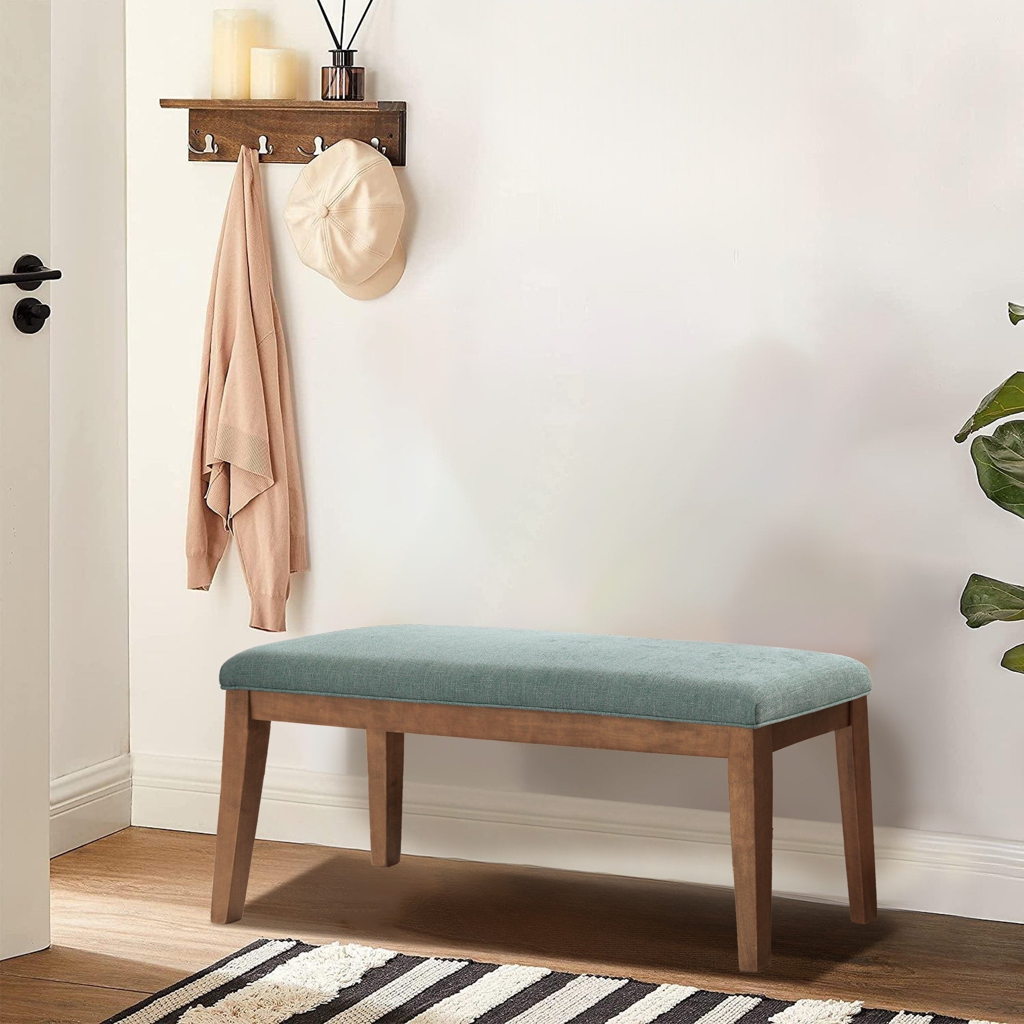 Upholstered Fabric Entryway Bench, Bedroom Bench for End of Bed Beige, Solid Wood 44-inch