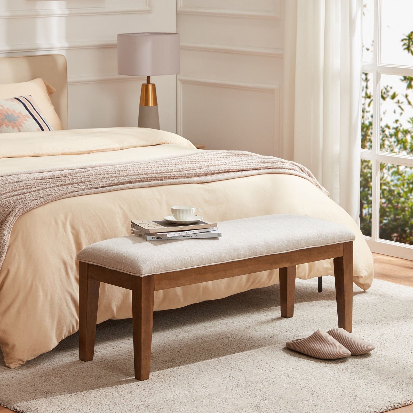 Upholstered Fabric Entryway Bench, Bedroom Bench for End of Bed Beige, Solid Wood 44-inch