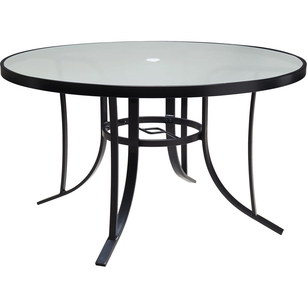 Hanover Lavallette 5-Piece Dining Set in Ocean Blue with 4 Stationary Chairs, 52-In. Round Glass-Top Table, Umbrella, and Base