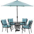 Hanover Lavallette 5-Piece Dining Set in Ocean Blue with 4 Stationary Chairs, 52-In. Round Glass-Top Table, Umbrella, and Base