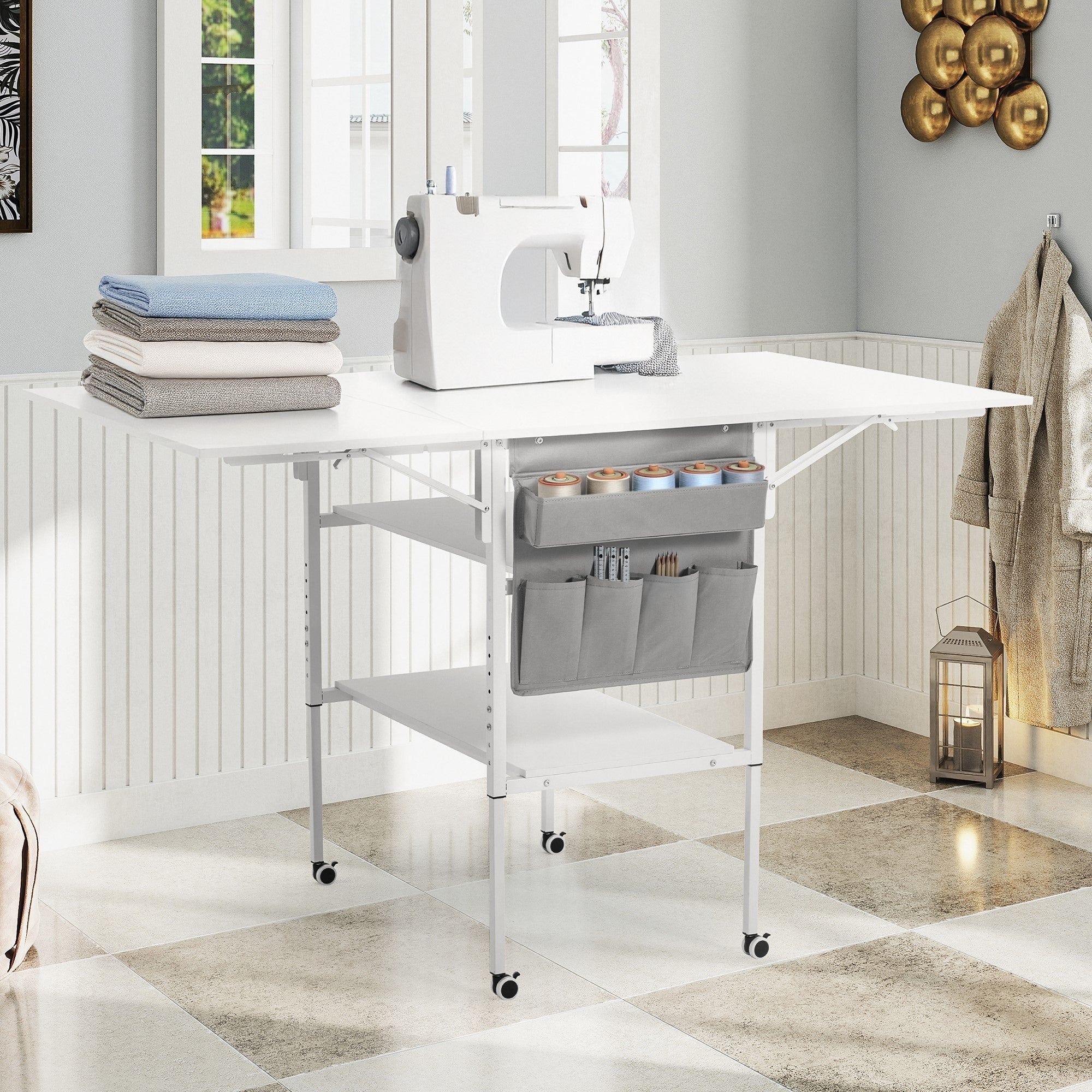 Height Adjustable Craft Table with Storage Shelves, Mobile Folding Cutting Table for Home Office Sewing Room Craft Room