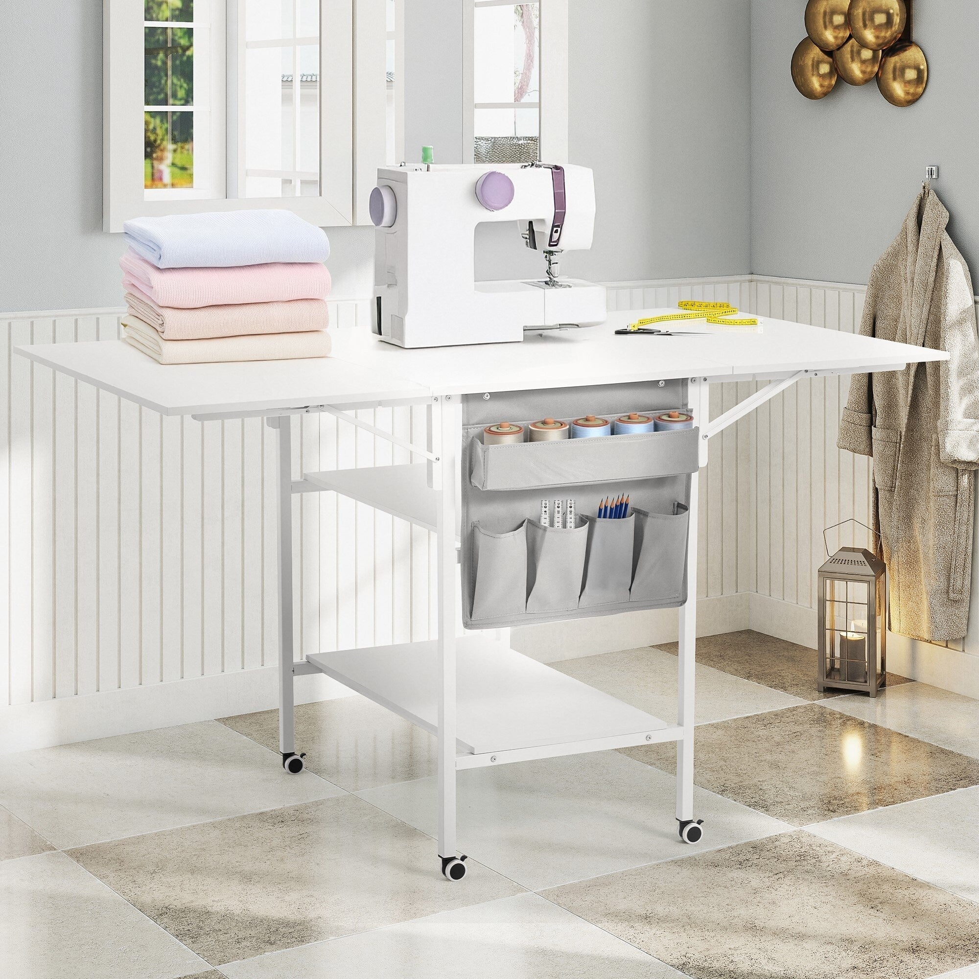 Height Adjustable Craft Table with Storage Shelves, Mobile Folding Cutting Table for Home Office Sewing Room Craft Room
