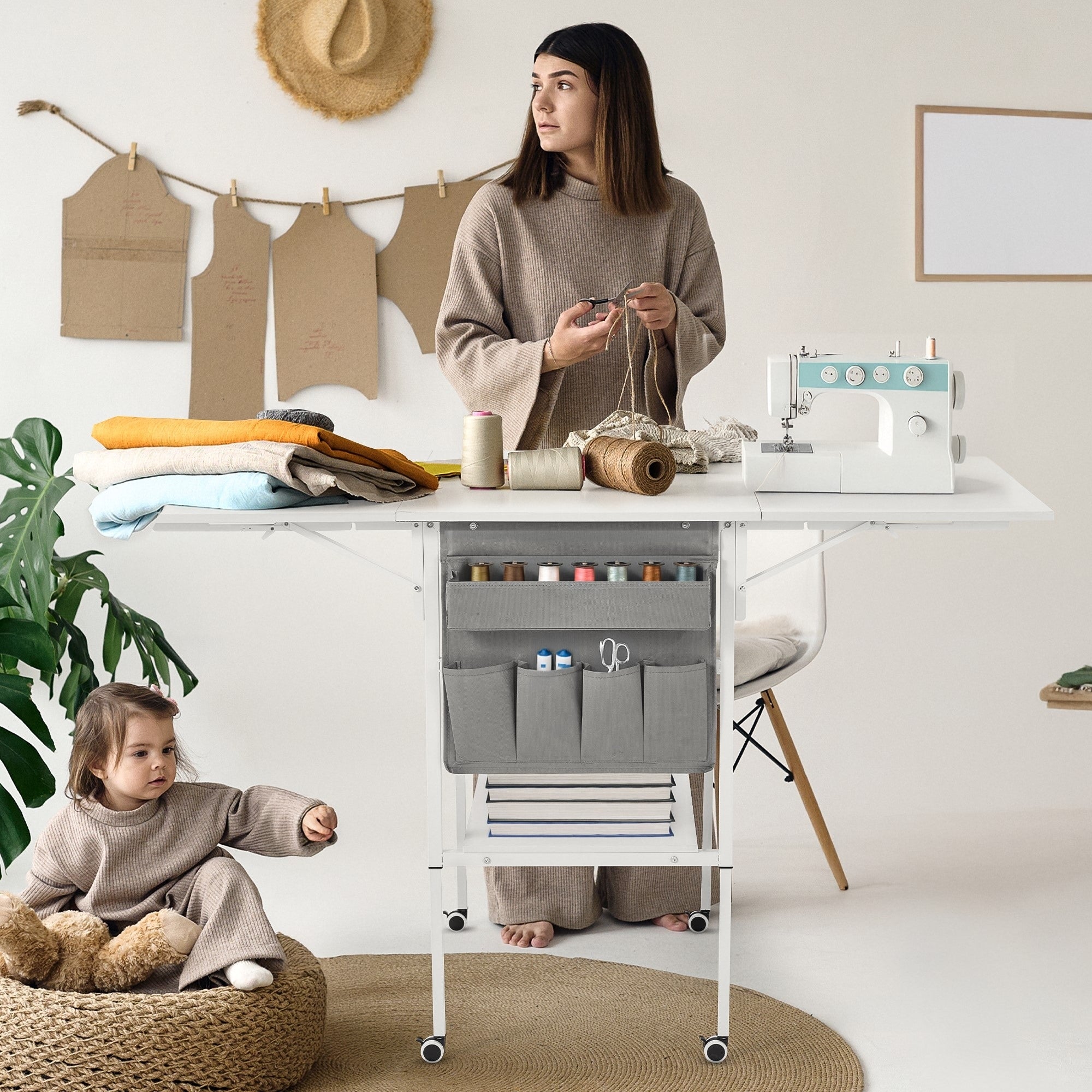 Height Adjustable Craft Table with Storage Shelves, Mobile Folding Cutting Table for Home Office Sewing Room Craft Room