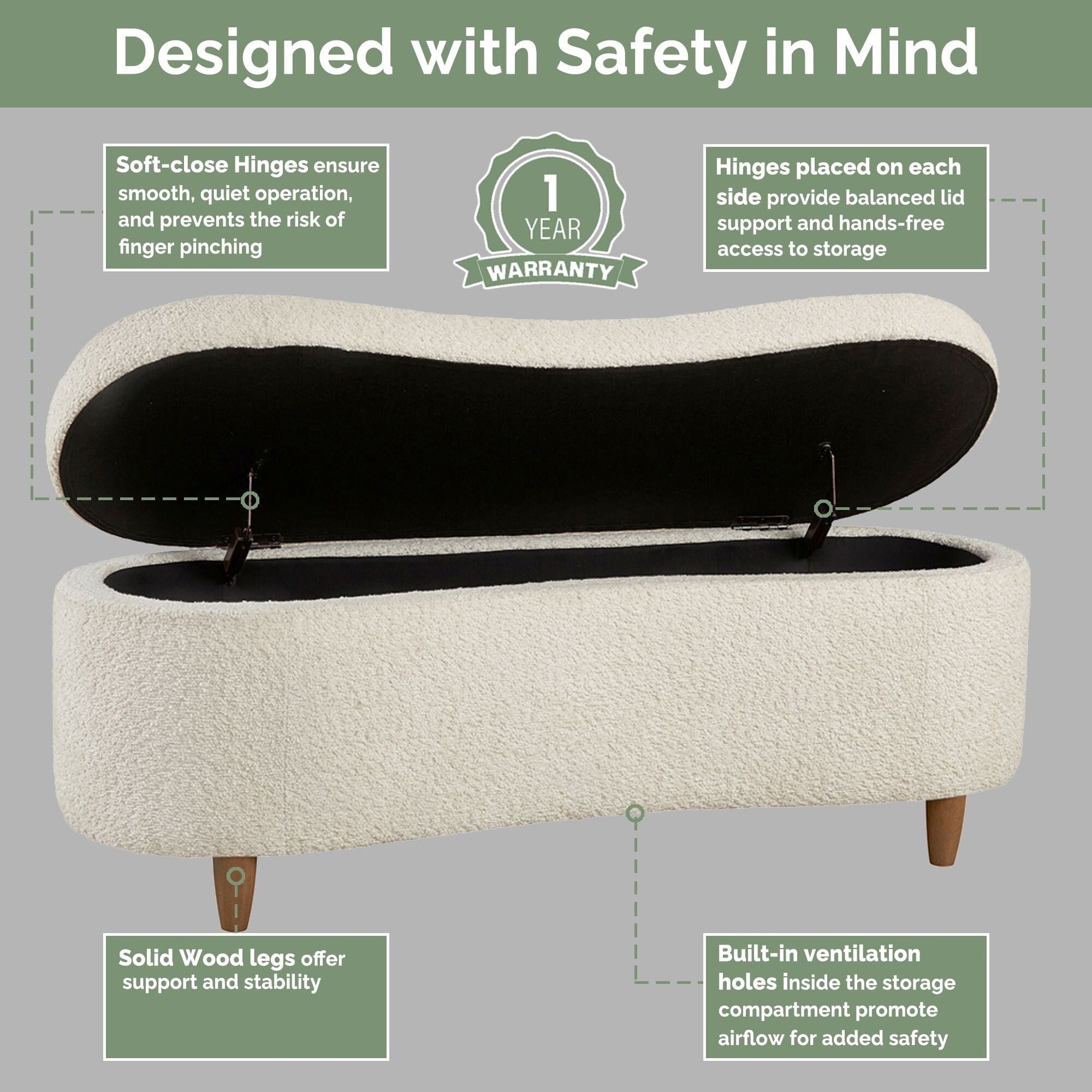 INK IVY Bailey Boucle-Style Curved Storage Accent Bench