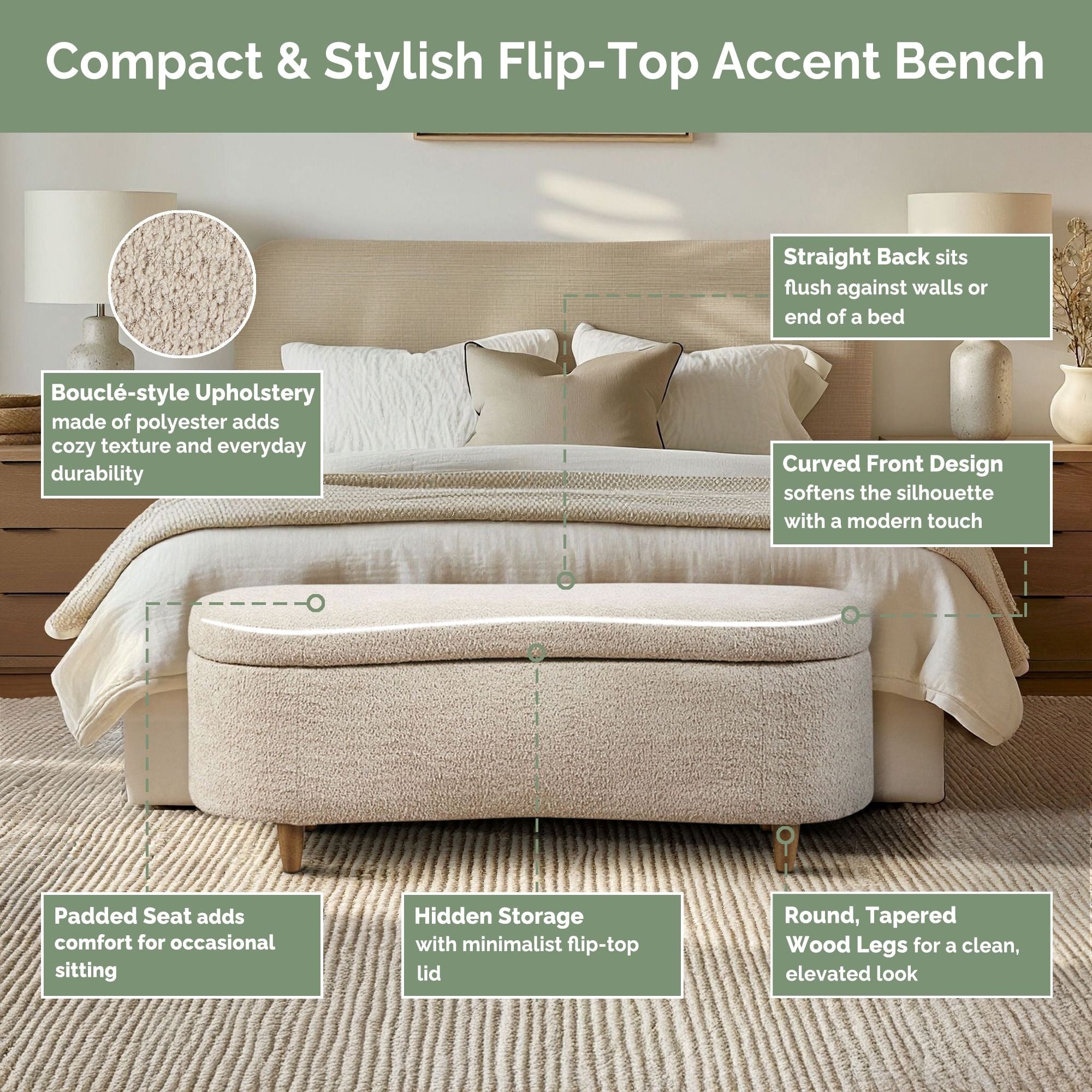 INK IVY Bailey Boucle-Style Curved Storage Accent Bench