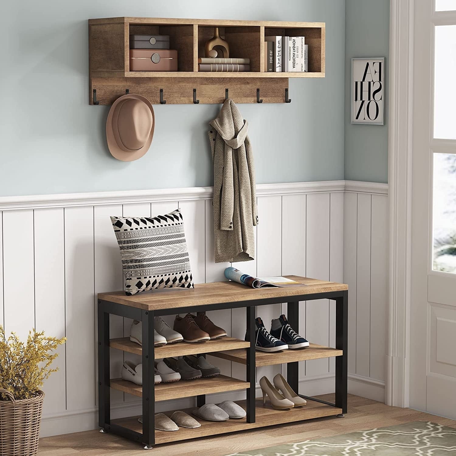 Entryway Coat Rack Shoe Bench Set, Industrial Hall Tree Coat Shoe Rack