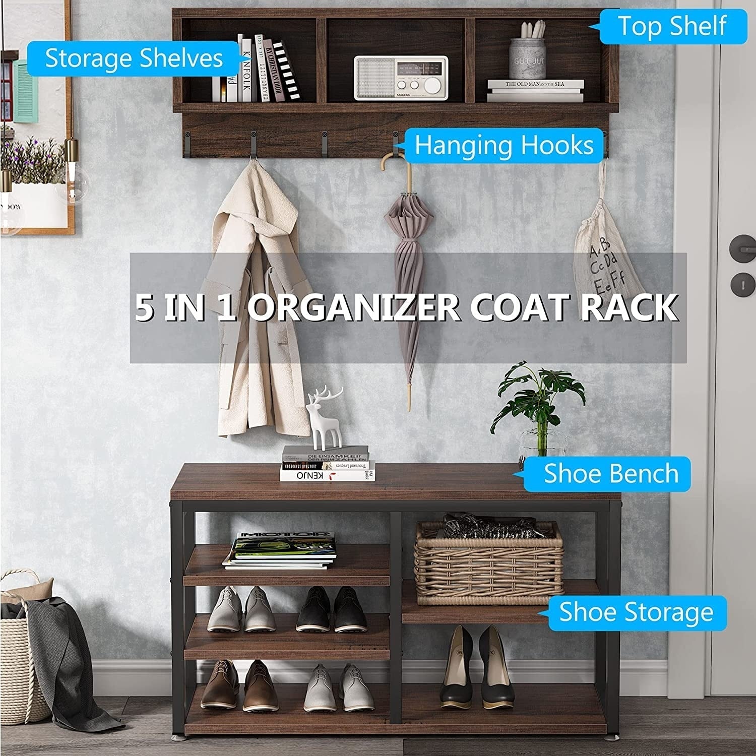 Entryway Coat Rack Shoe Bench Set, Industrial Hall Tree Coat Shoe Rack