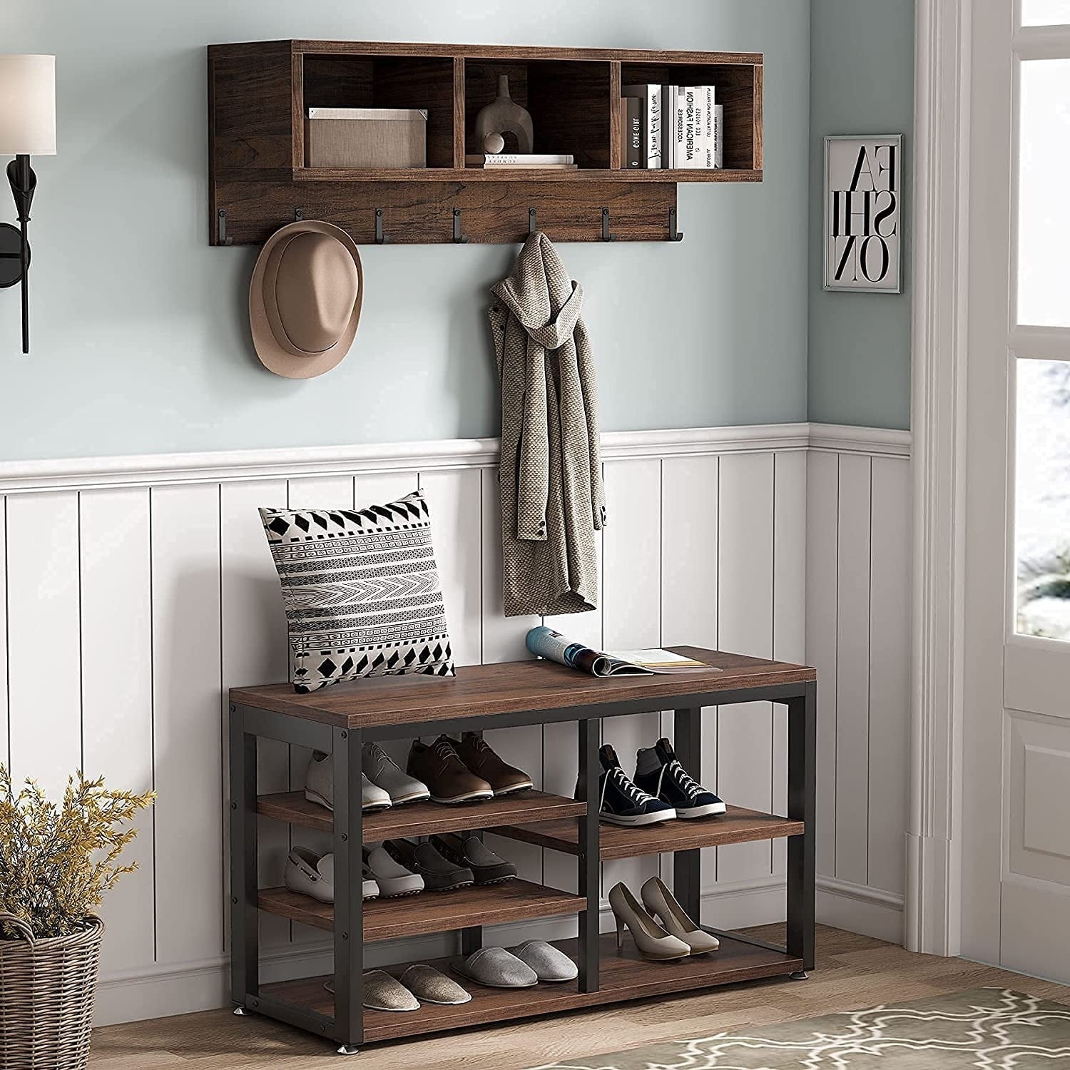 Entryway Coat Rack Shoe Bench Set, Industrial Hall Tree Coat Shoe Rack