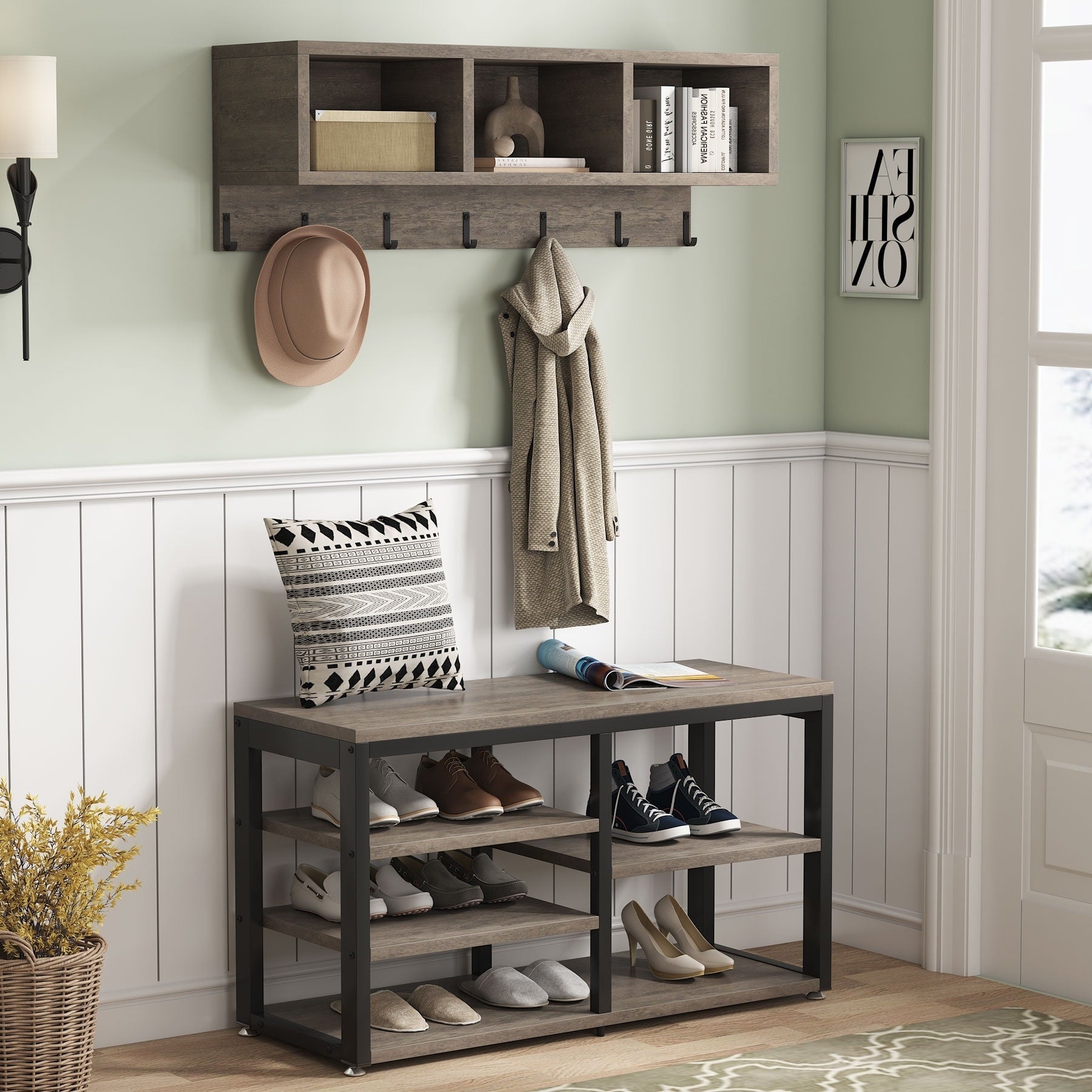 Entryway Coat Rack Shoe Bench Set, Industrial Hall Tree Coat Shoe Rack