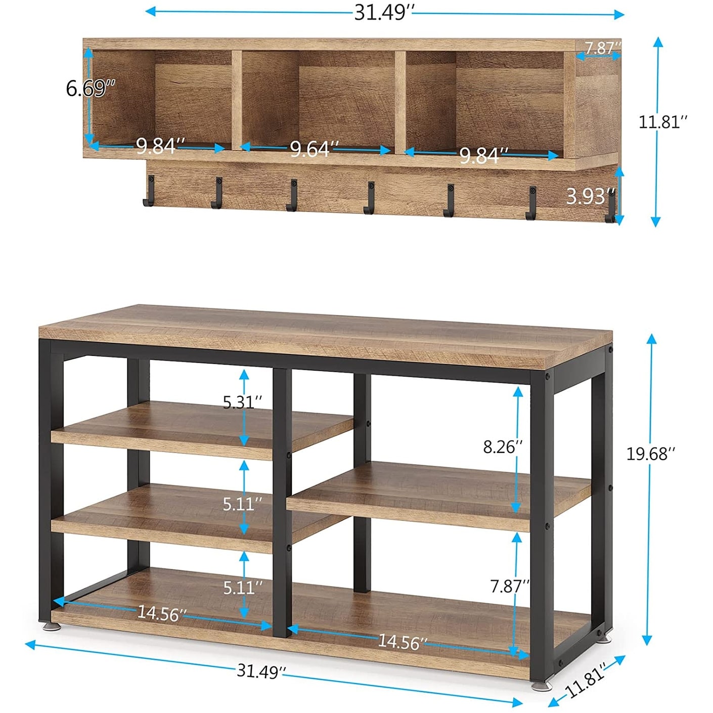 Entryway Coat Rack Shoe Bench Set, Industrial Hall Tree Coat Shoe Rack
