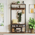 Industrial Hall Tree, Entryway Shoe Bench with Coat Rack Hook and Storage Shelving