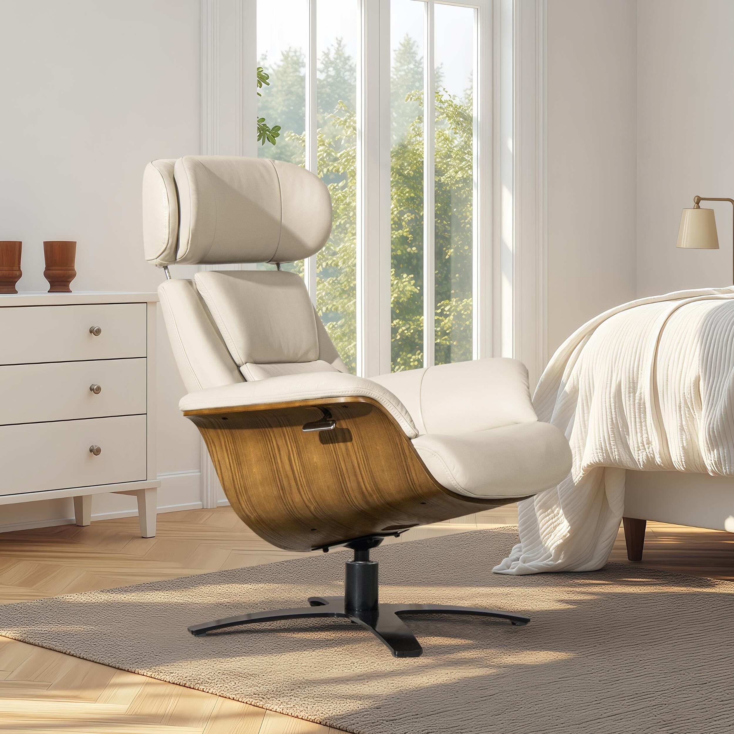 Jovan 31.5 Curved Wood Genuine Leather Recliner Lounge Chair