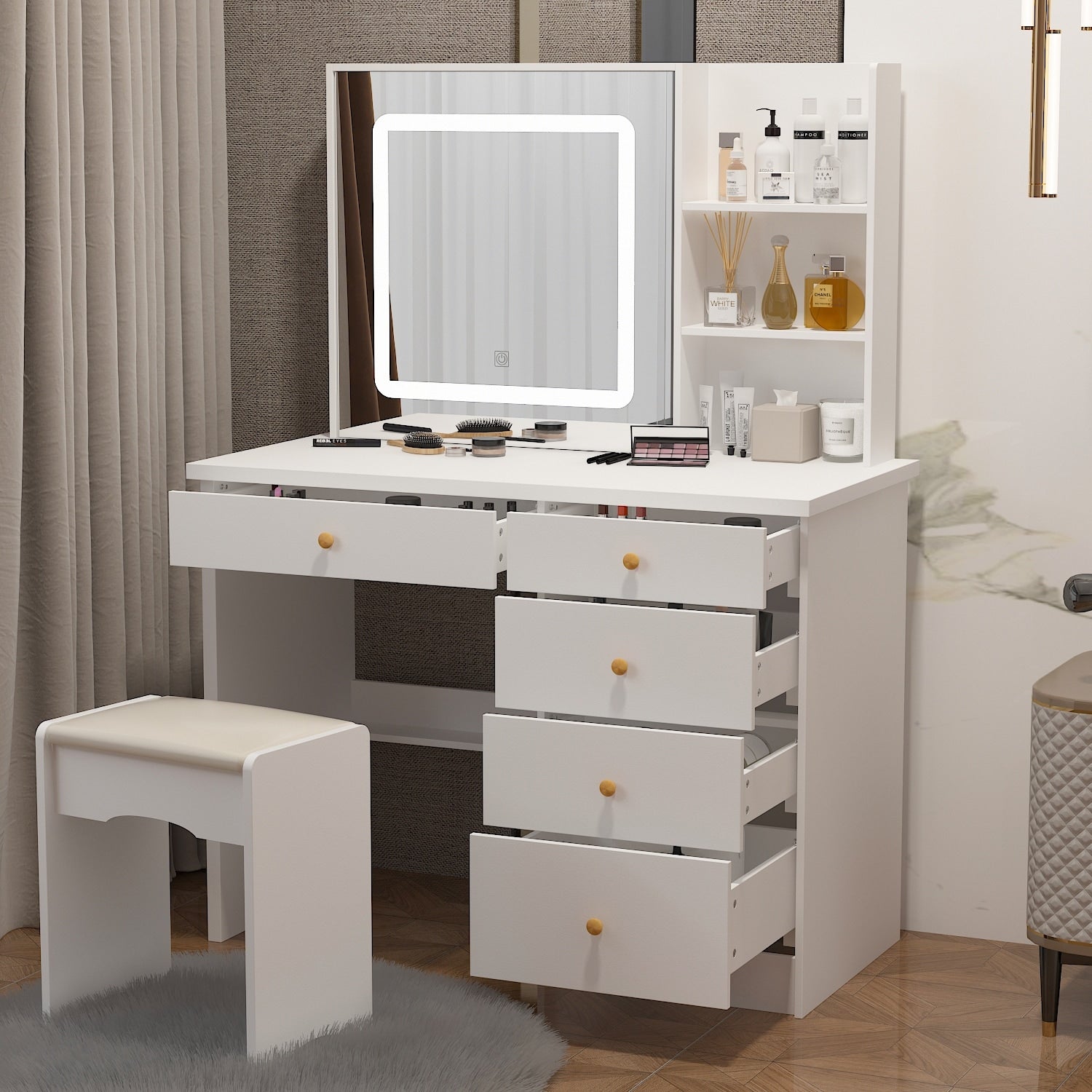 Kerrogee Makeup Vanity Set with Adjustable Lighted Mirror & Stool - 39.4L x 19.7W x 53.5H