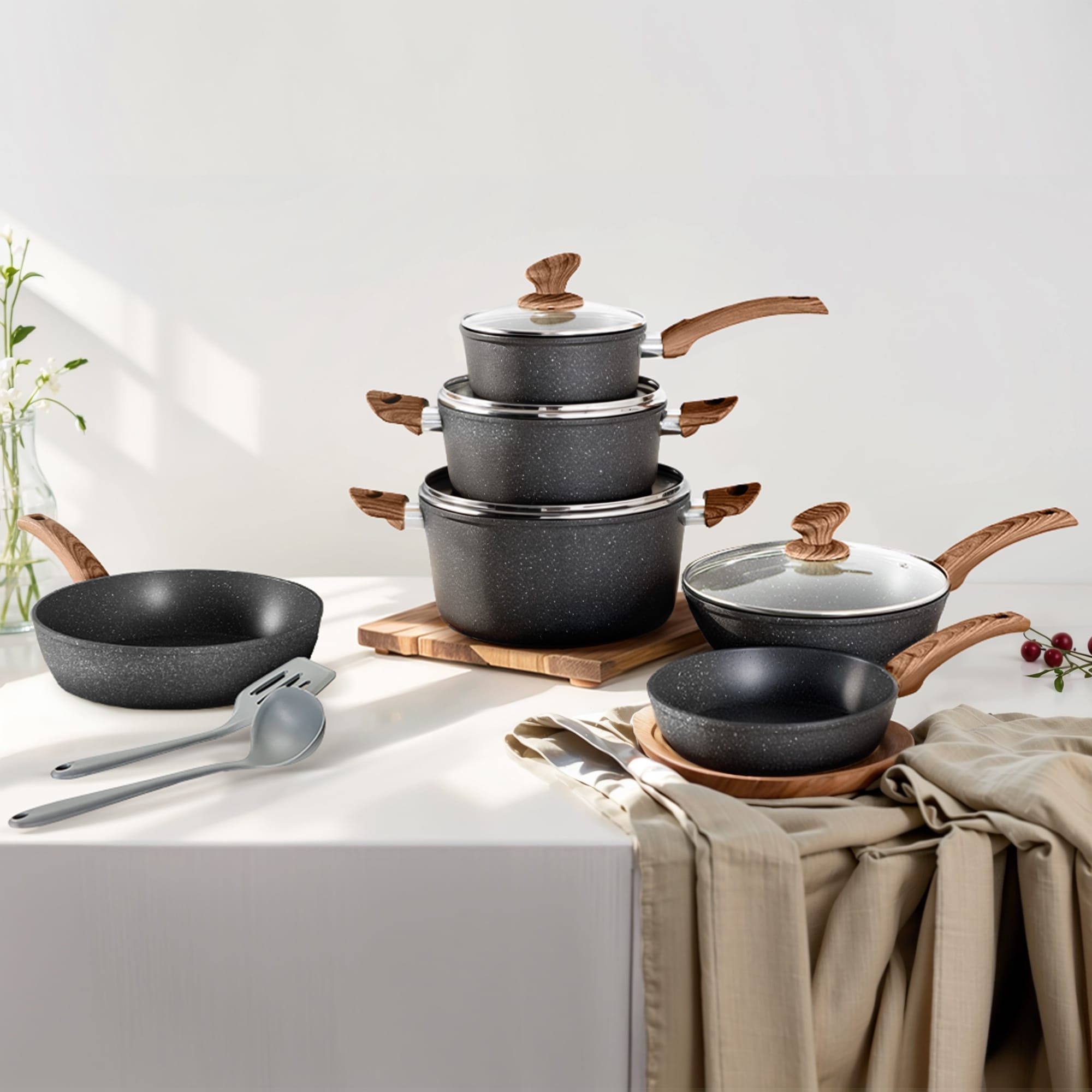 Kitchen Cookware Sets Nonstick, 12 Piece Pots and Pans Set Granite Cooking Set