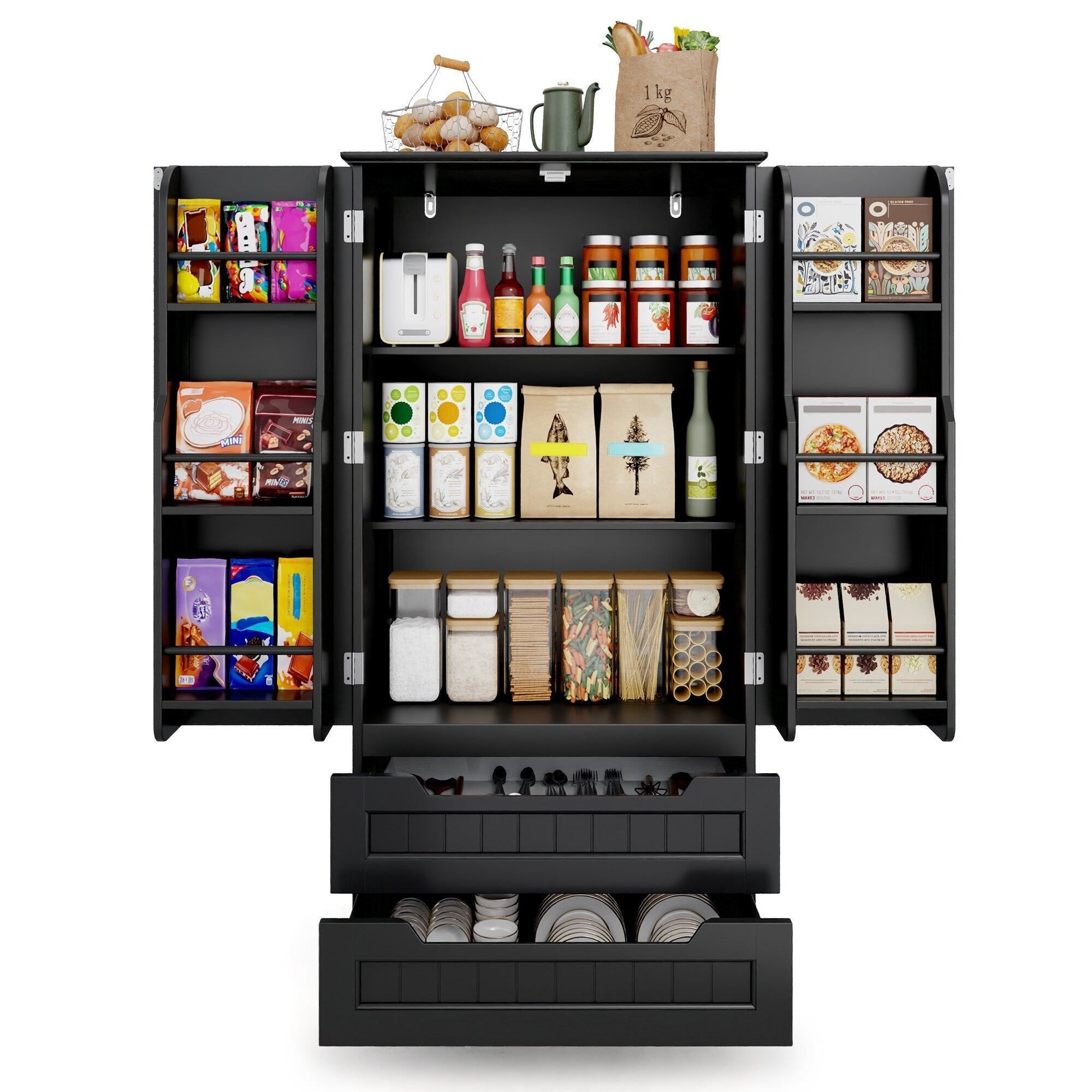 Kitchen Storage Pantry Cabinet, Freestanding Bathroom Storage Cabinet with 2 Doors and Drawers