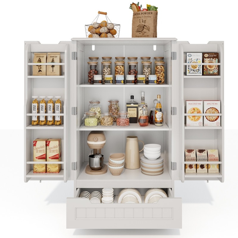 Kitchen Storage Pantry Cabinet, Freestanding Bathroom Storage Cabinet with 2 Doors and Drawers