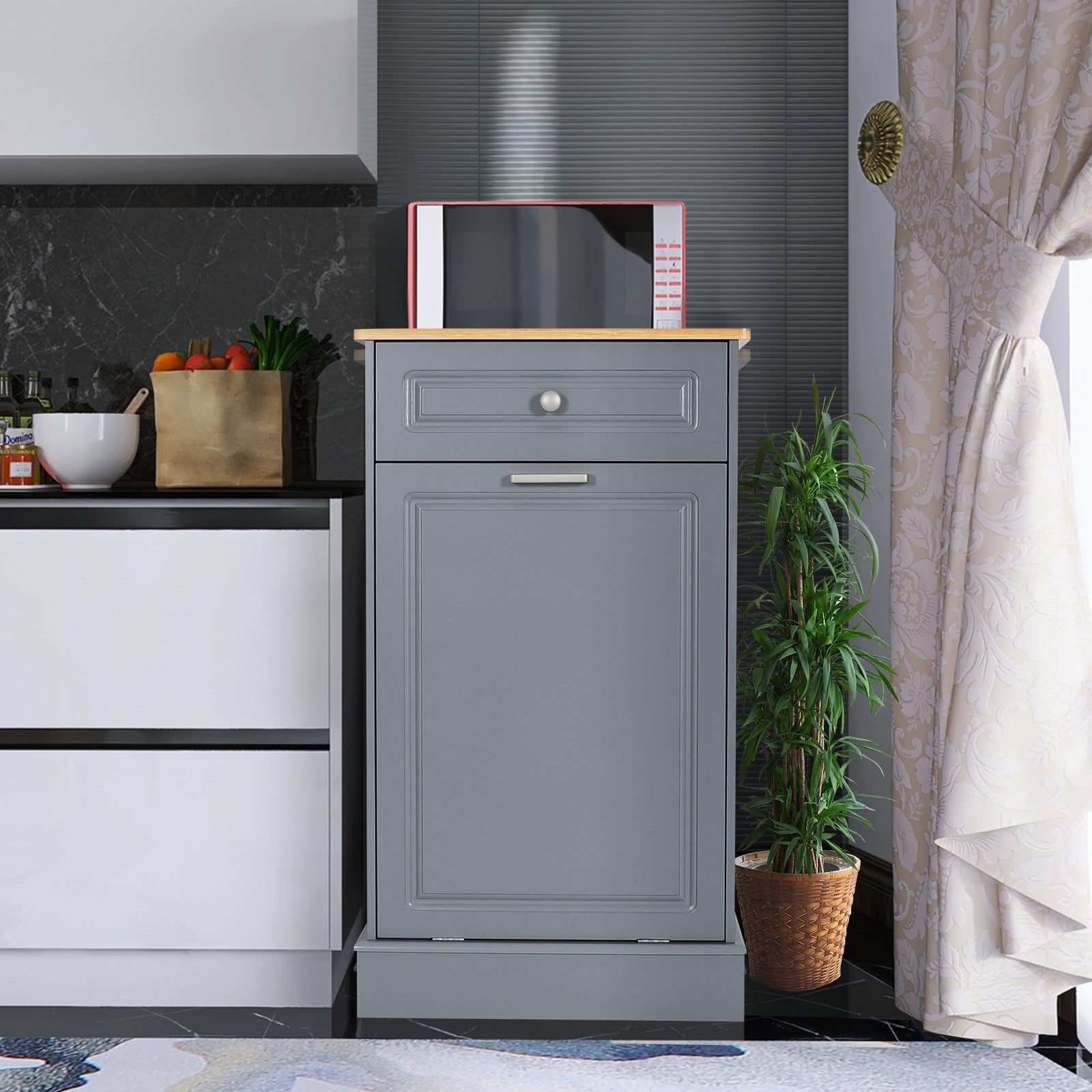Kitchen Tilt Out Trash Cabinet Can Bin Storage Wooden Counter-top Waste Baskets with Drawer