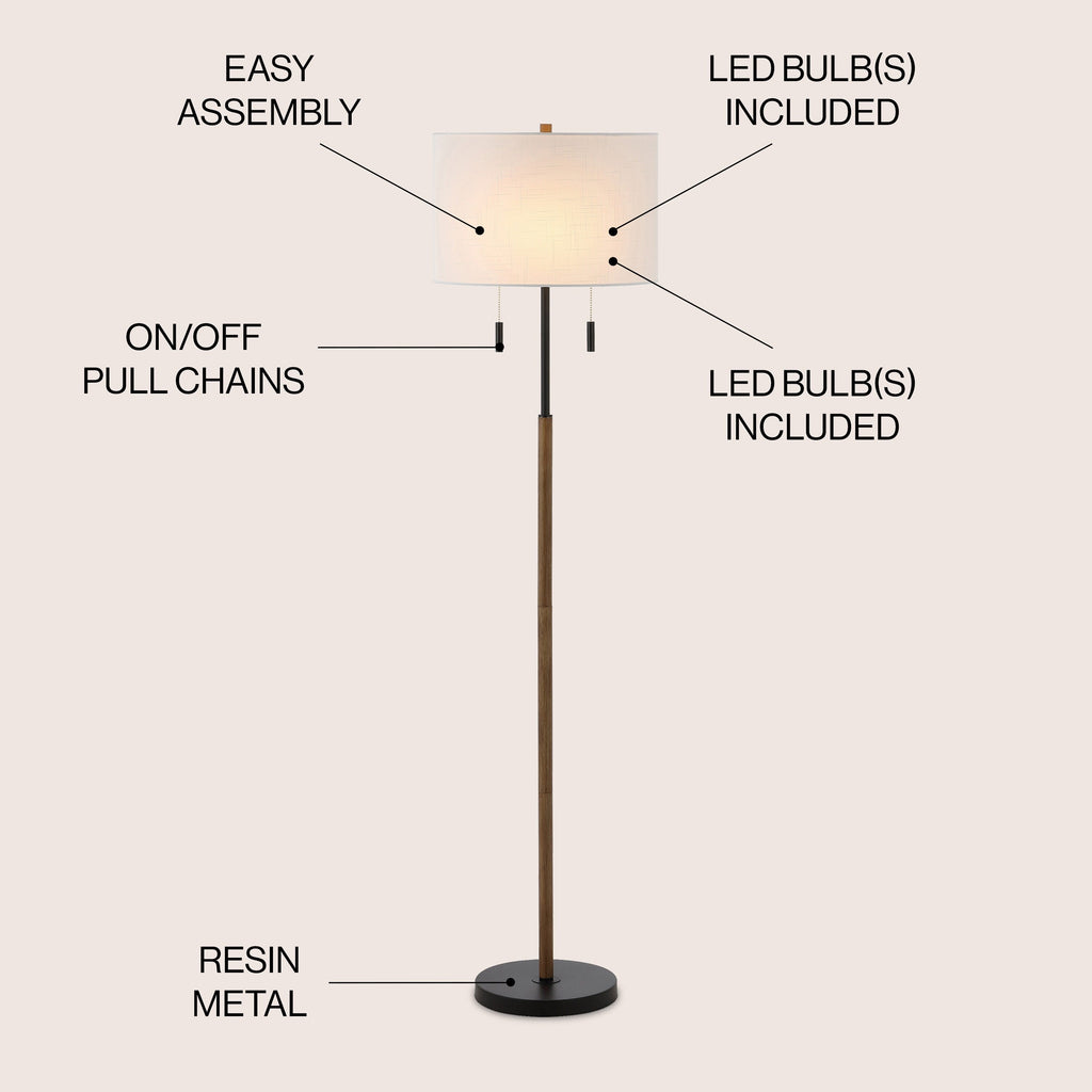 Koda 61 Rustic Farmhouse Iron Candlestick Pull Chains LED Floor Lamp, Brown Wood Finish/Black by JONATHAN Y
