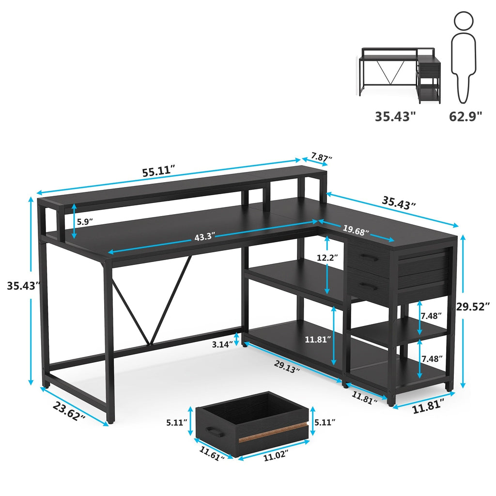 L Shaped Desk with Drawer, Home Office Corner Desk with Storage Shelves and Monitor Stand, Rustic PC Desk for Small Space