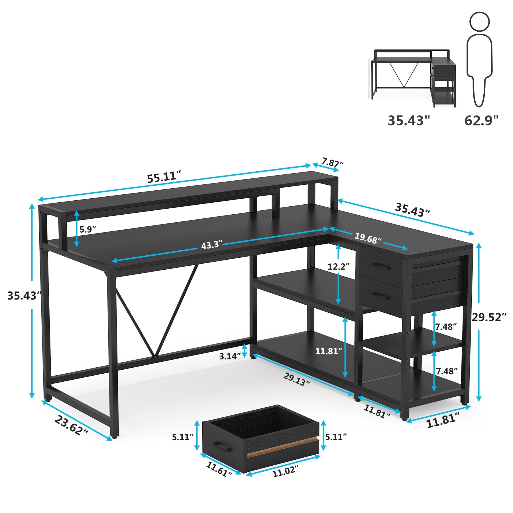 L Shaped Desk with Drawer, Home Office Corner Desk with Storage Shelves and Monitor Stand, Rustic PC Desk for Small Space