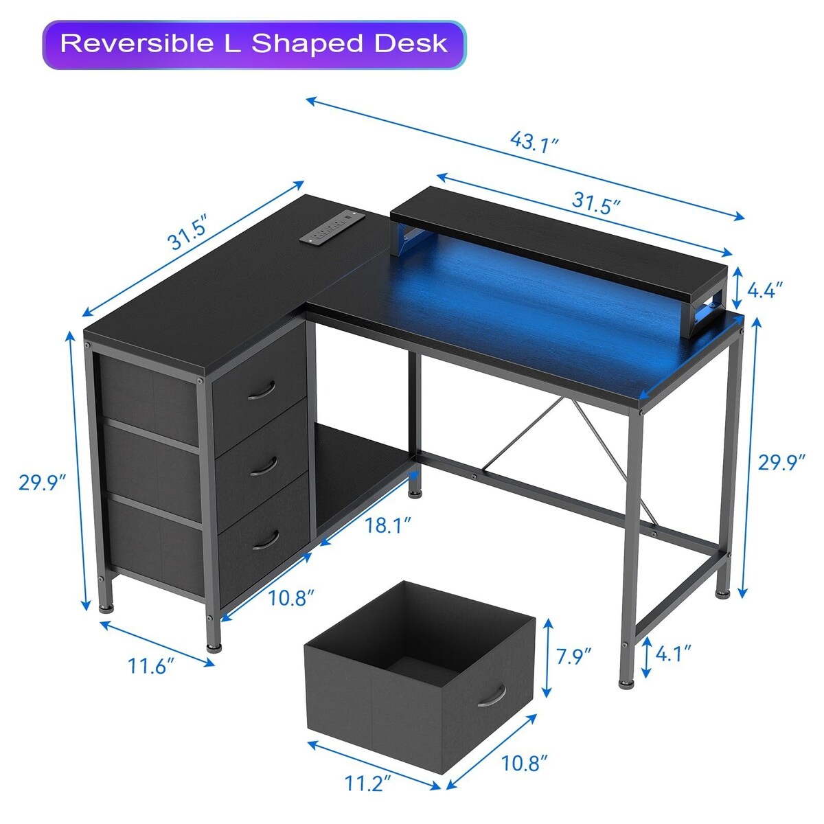 L Shaped Desk with Power Outlets & LED Lights