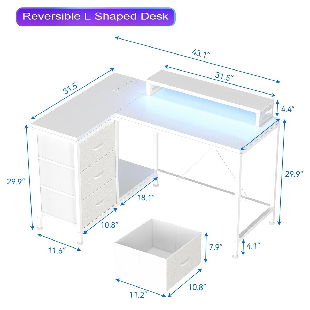 L Shaped Desk with Power Outlets & LED Lights