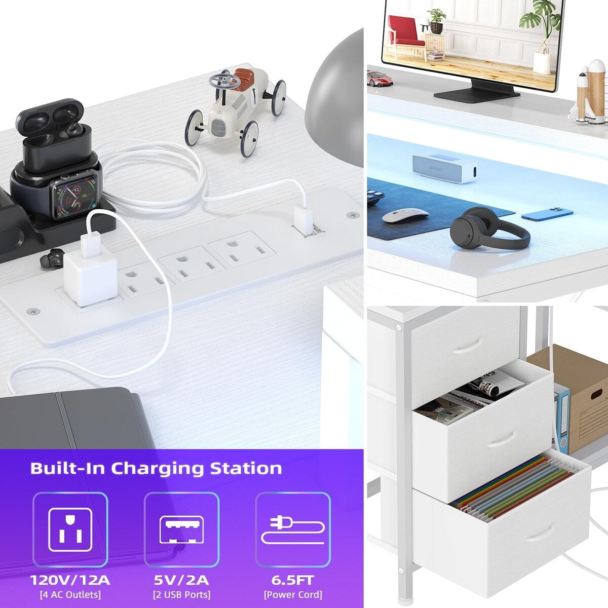 L Shaped Desk with Power Outlets & LED Lights