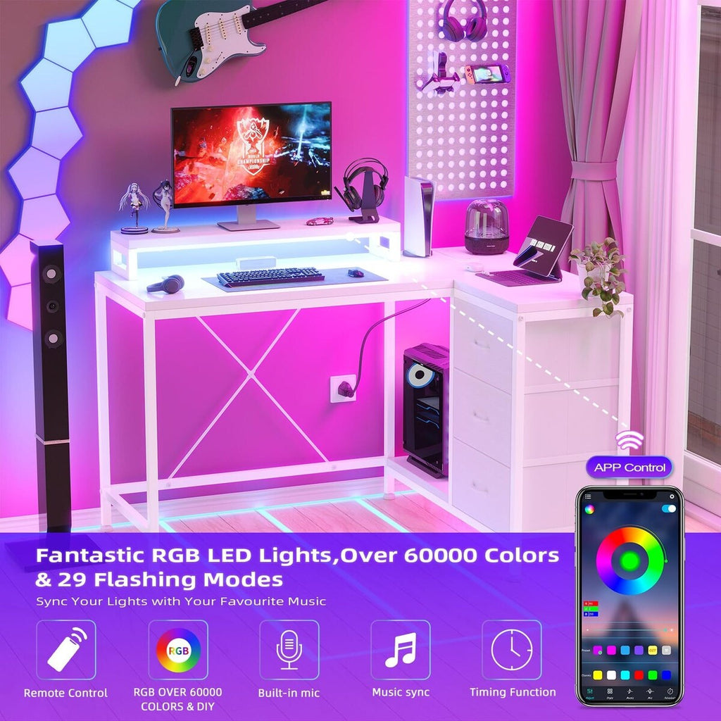 L Shaped Desk with Power Outlets & LED Lights