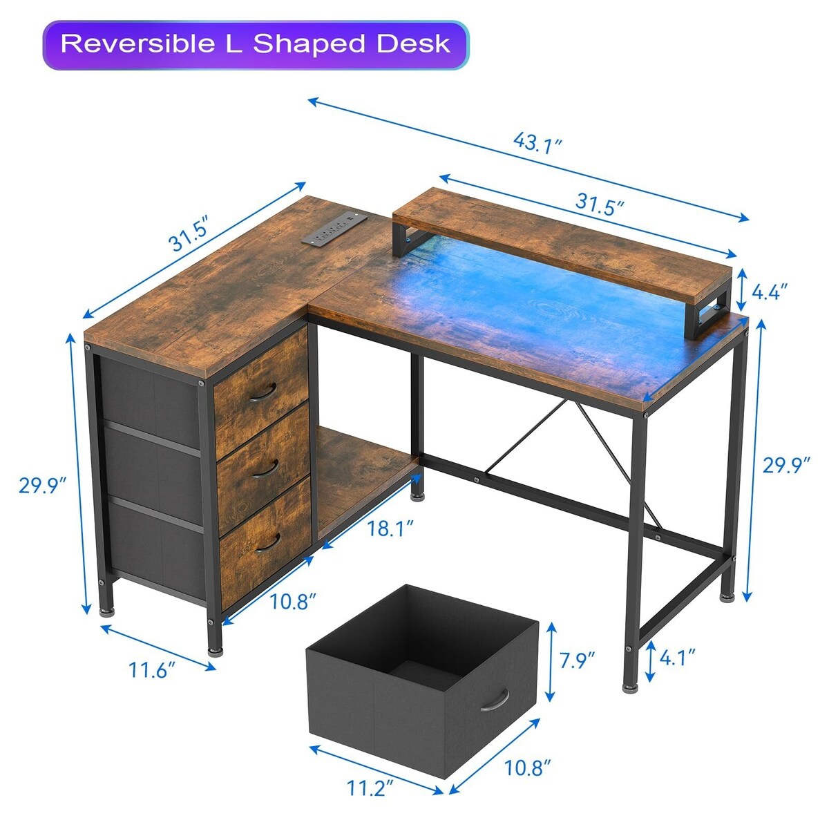 L Shaped Desk with Power Outlets & LED Lights