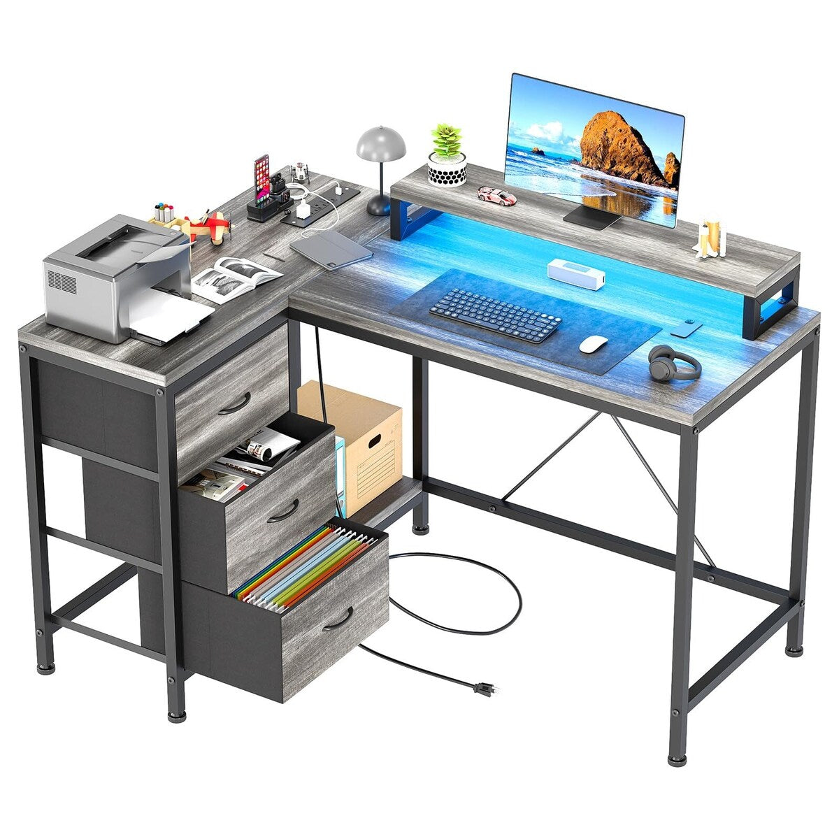 L Shaped Desk with Power Outlets & LED Lights