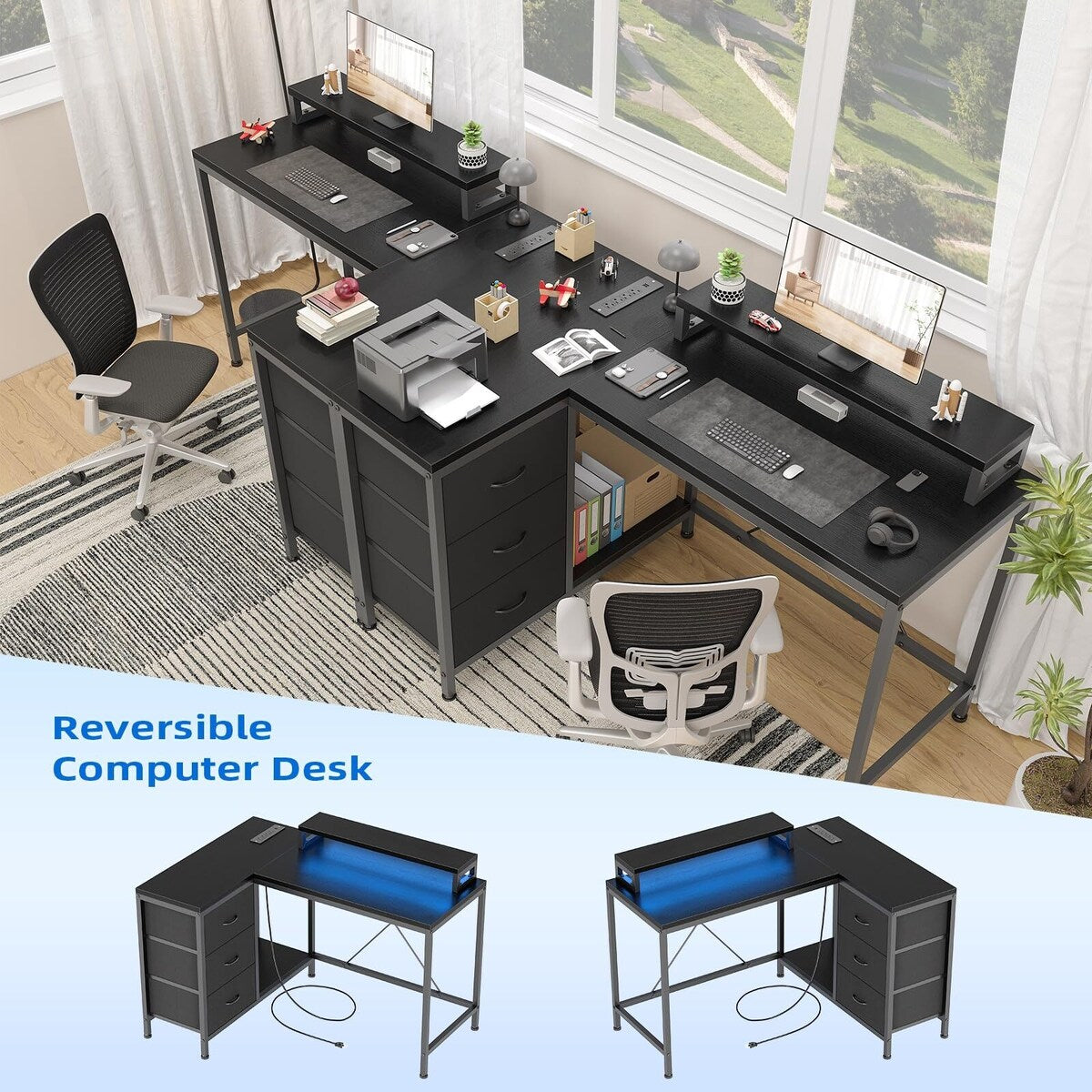 L Shaped Desk with Power Outlets & LED Lights
