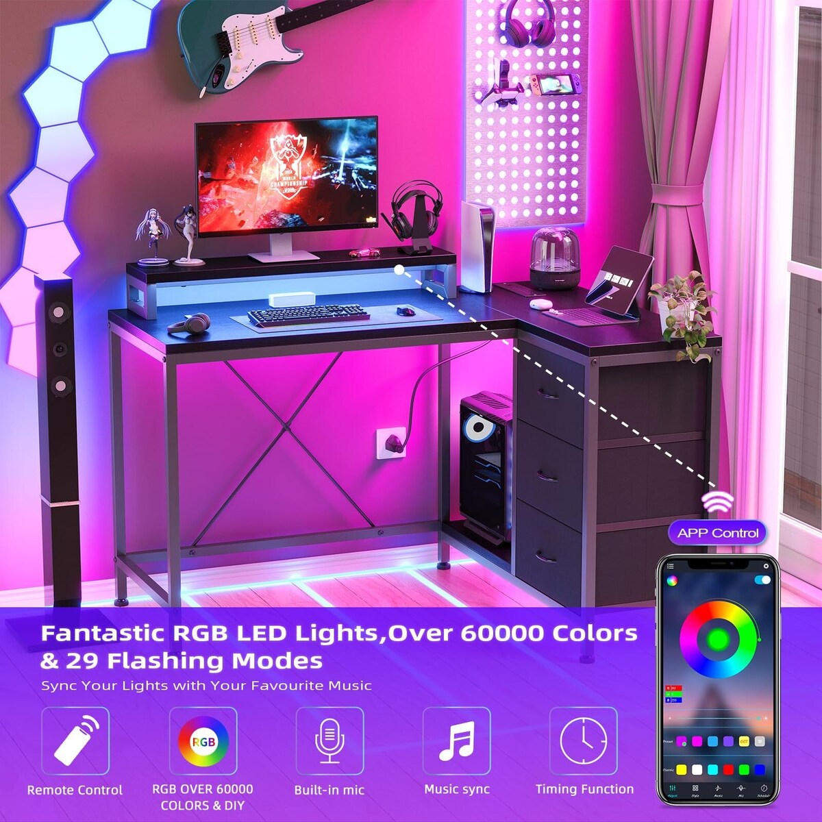 L Shaped Desk with Power Outlets & LED Lights