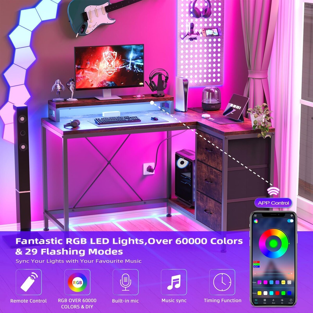 L Shaped Desk with Power Outlets & LED Lights
