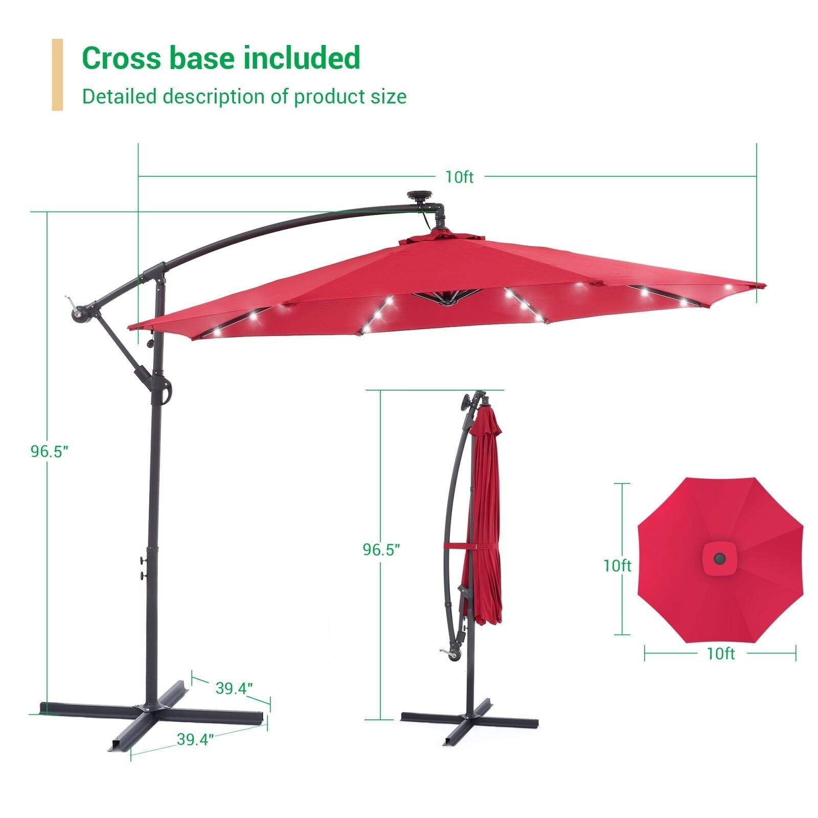 LIVOOSUN 10ft LED Patio Offset Umbrella With Cross Base