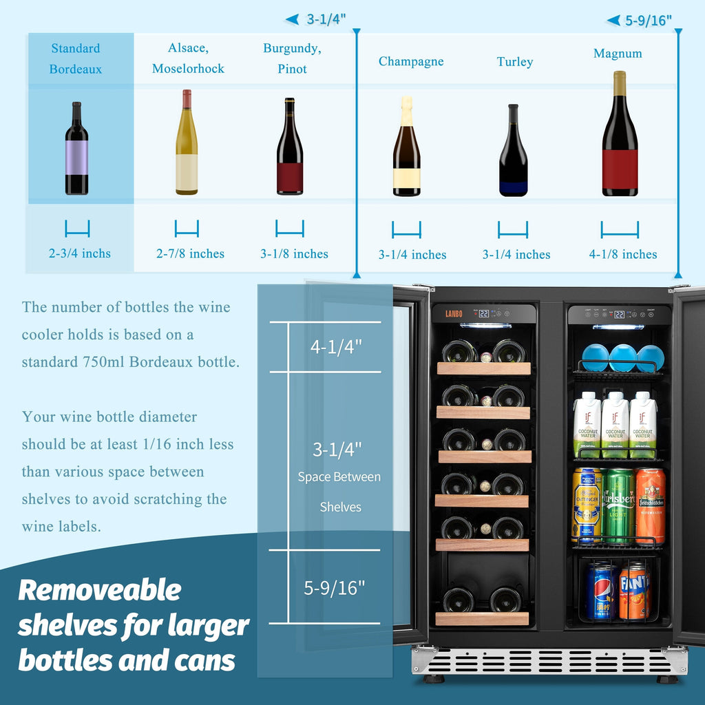 Lanbo 24 Inch Dual Zone 18 Bottle Wine and 55 Can Beverage Cooler, Stainless Steel and Glass with French Door