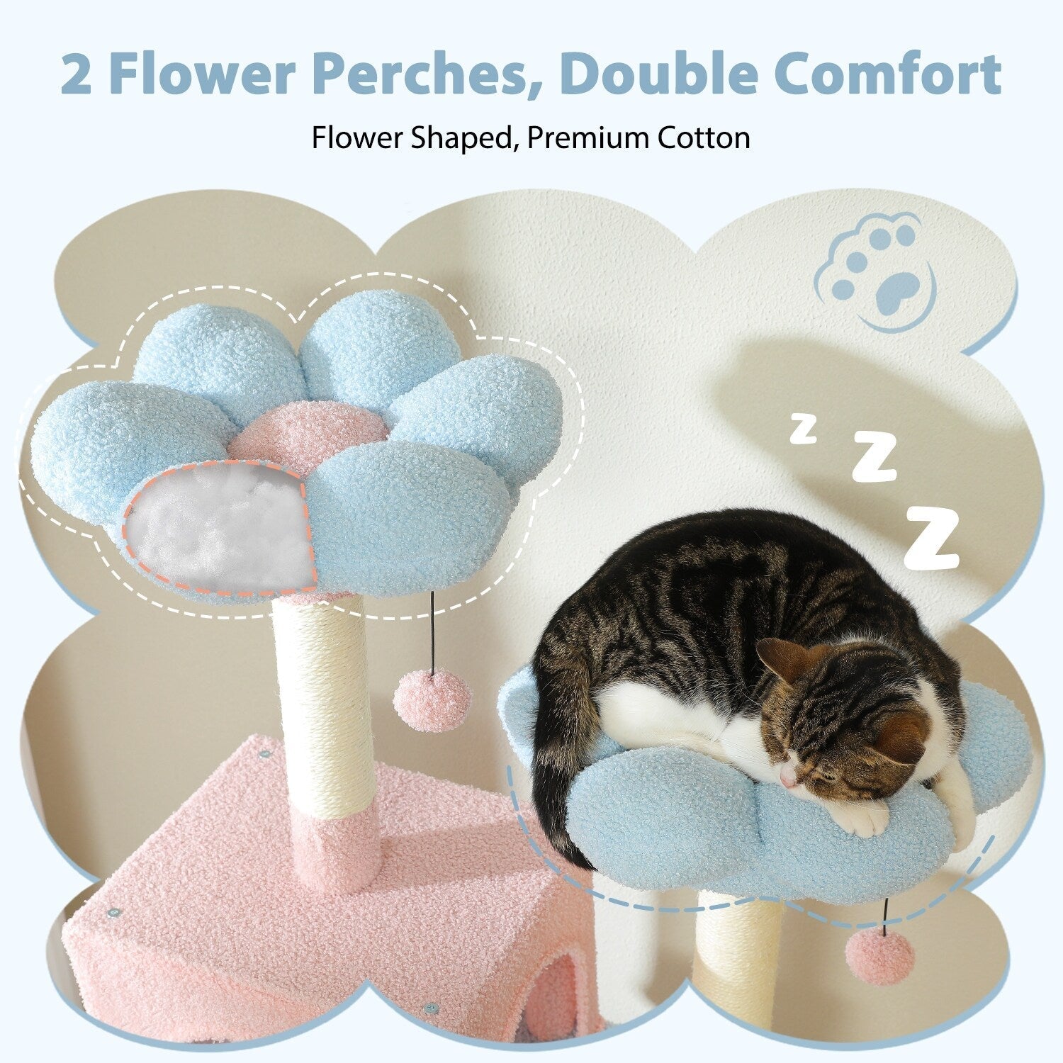 Large Cat Tower Cat Condo with Scratching Posts and Pads, 2 Padded Perch, Dual Condo and Basket