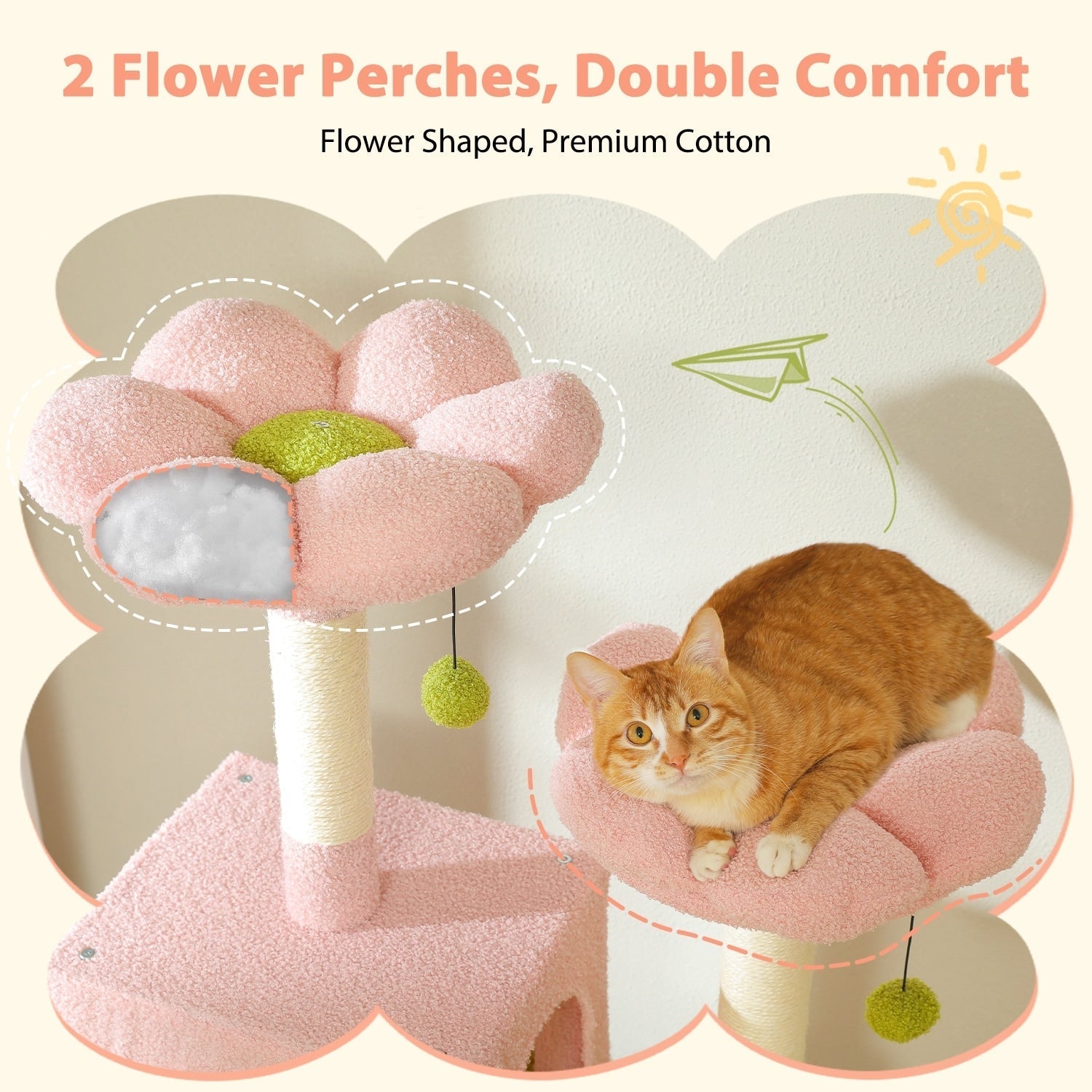 Large Cat Tower Cat Condo with Scratching Posts and Pads, 2 Padded Perch, Dual Condo and Basket