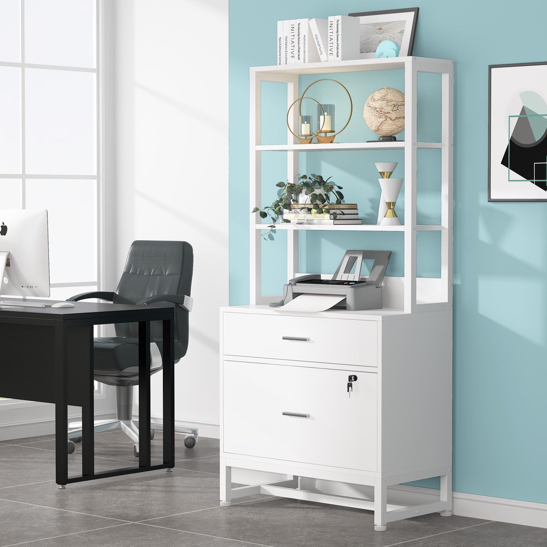 File Cabinet with 2 Drawer, Modern Filing Cabinet Printer Stand with Lock