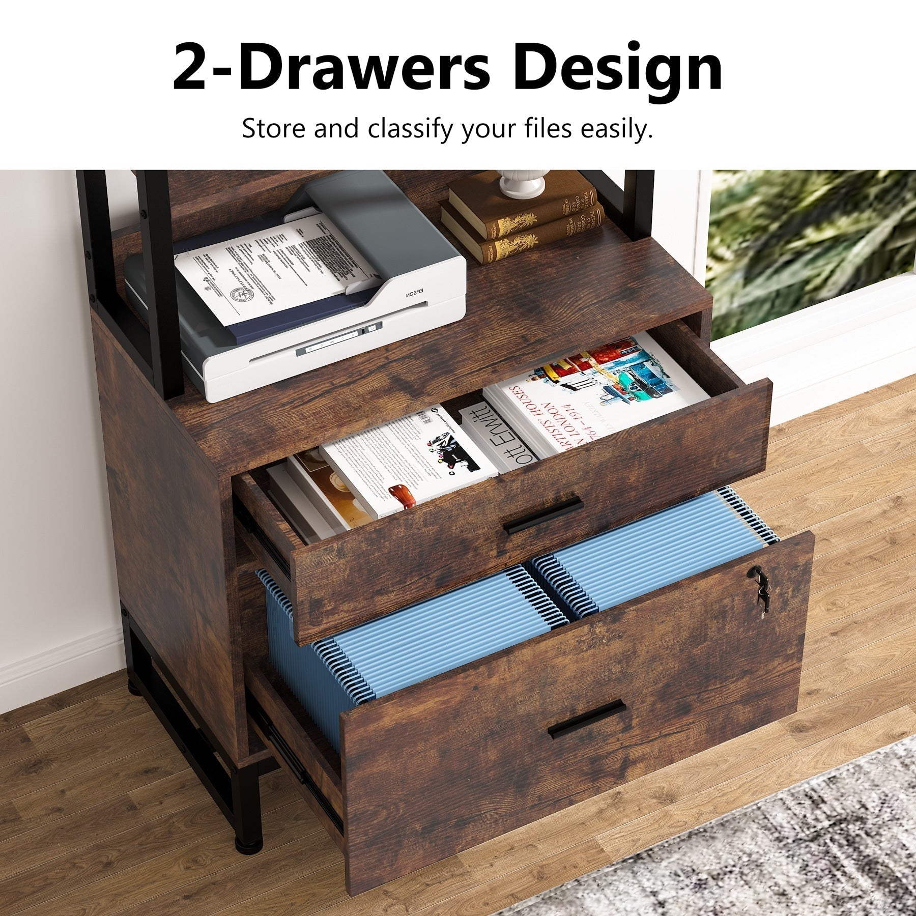 File Cabinet with 2 Drawer, Modern Filing Cabinet Printer Stand with Lock
