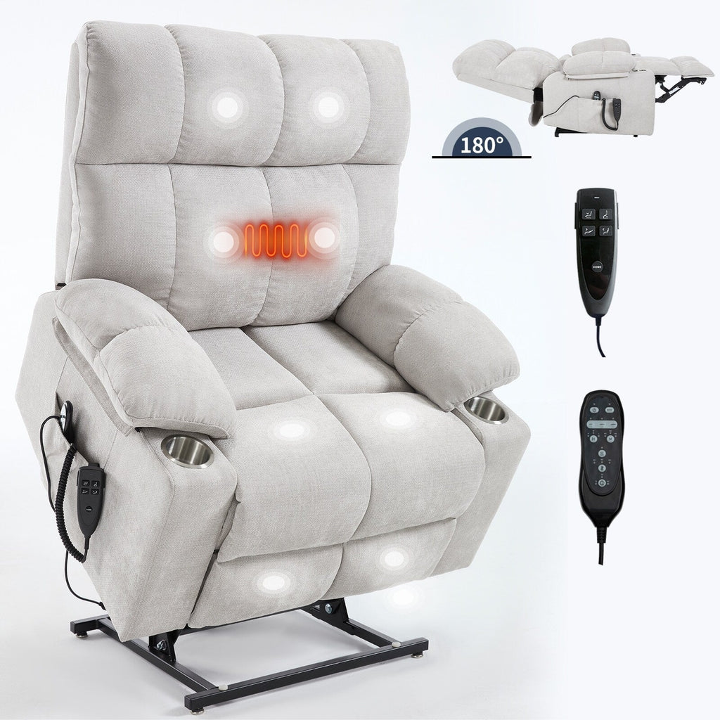Lazy Boy Dual Motor Chenille Power Lift Recliner w/Massage and Lumbar Heating, Dual Cup Holders, Grey-Blue