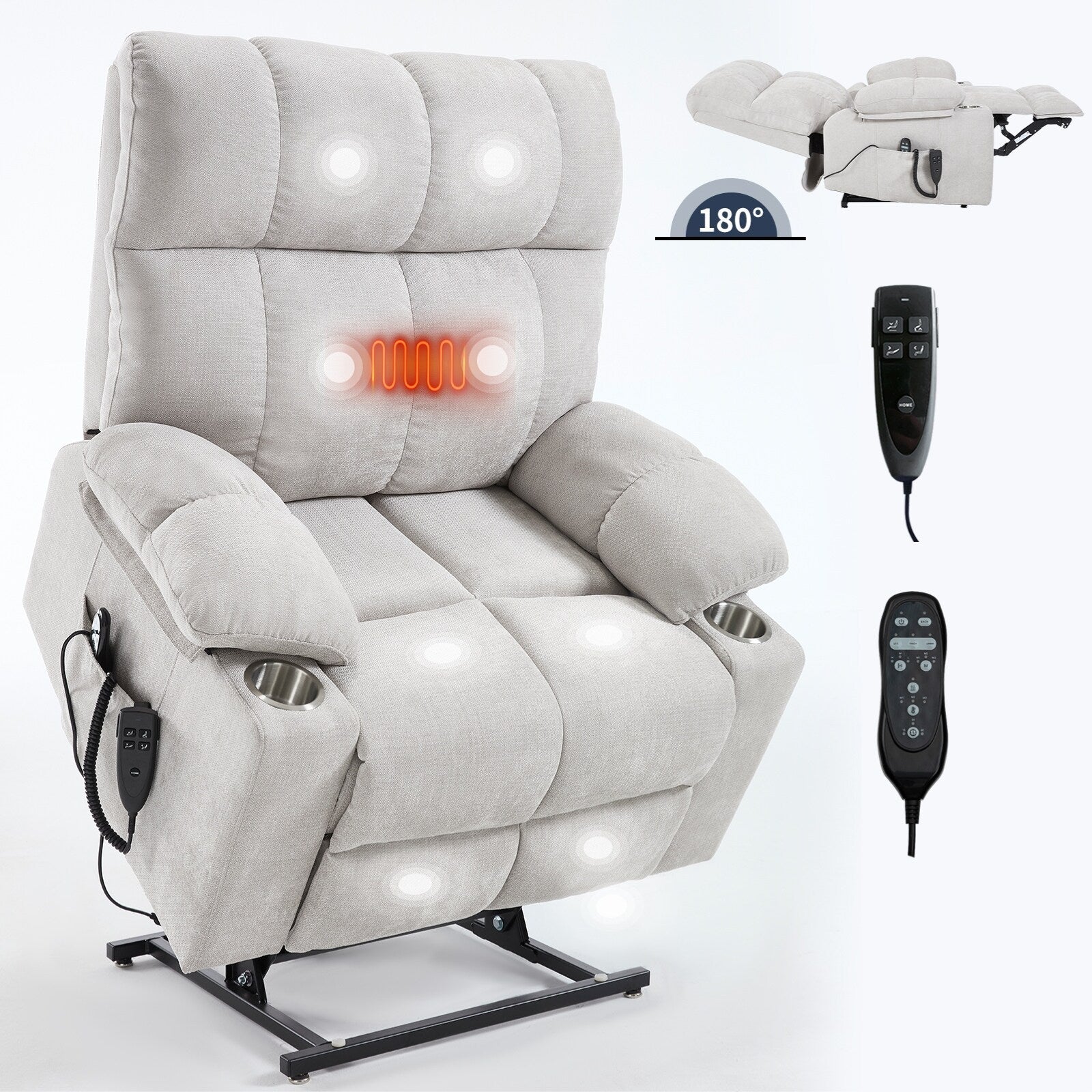 Lazy Boy Dual Motor Chenille Power Lift Recliner w/Massage and Lumbar Heating, Dual Cup Holders, Grey-Blue