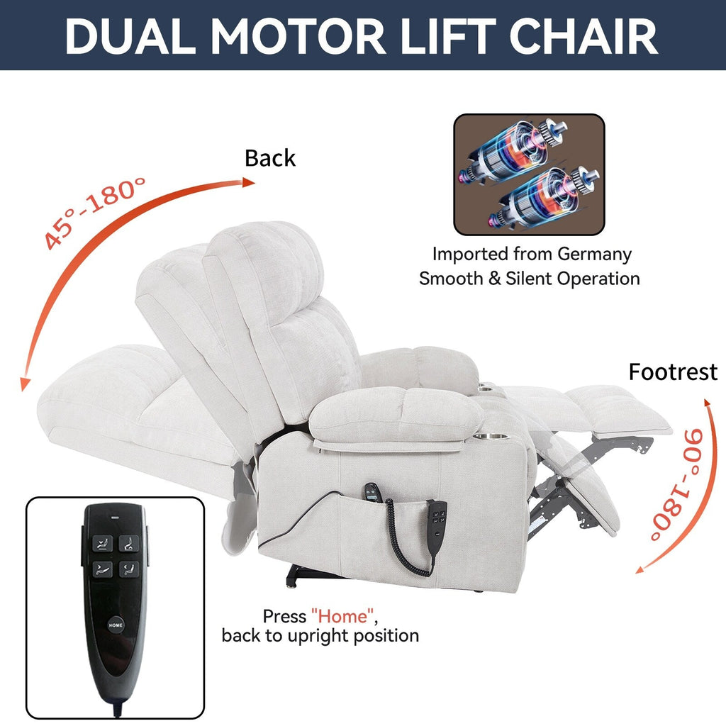 Lazy Boy Dual Motor Chenille Power Lift Recliner w/Massage and Lumbar Heating, Dual Cup Holders, Grey-Blue
