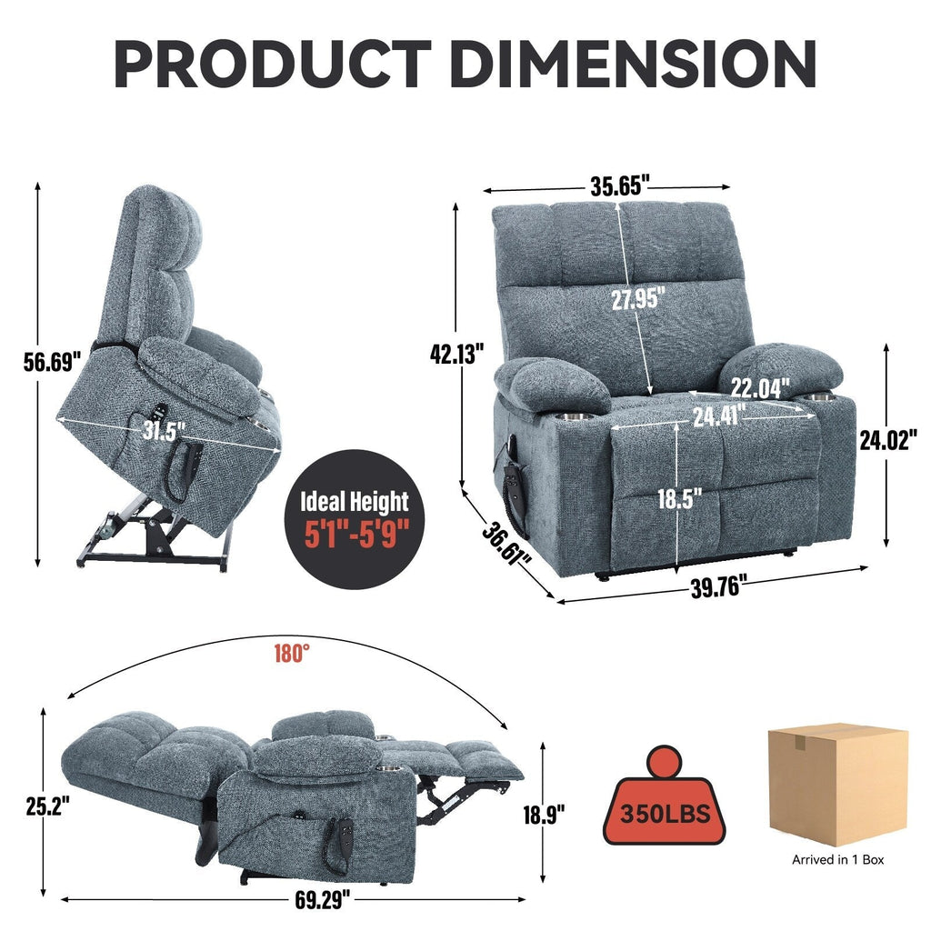 Lazy Boy Dual Motor Chenille Power Lift Recliner w/Massage and Lumbar Heating, Dual Cup Holders, Grey-Blue