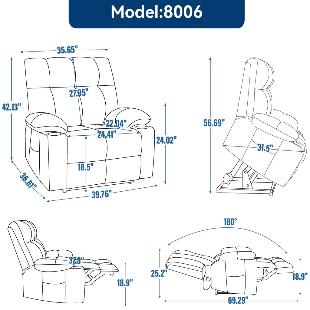Lazy Boy Dual Motor Chenille Power Lift Recliner w/Massage and Lumbar Heating, Dual Cup Holders, Grey-Blue