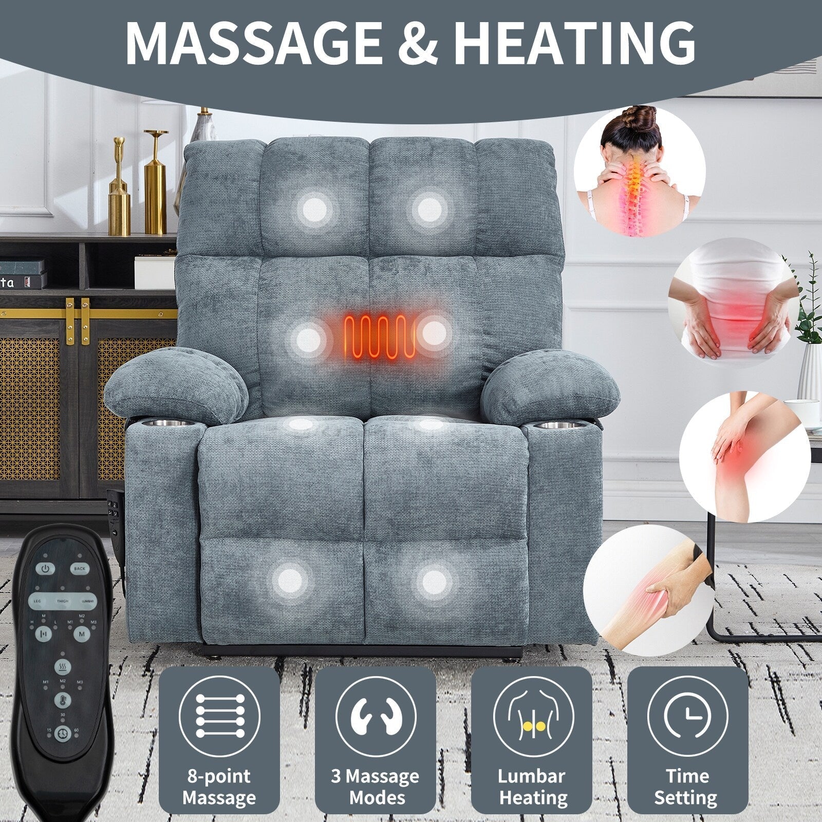 Lazy Boy Dual Motor Chenille Power Lift Recliner w/Massage and Lumbar Heating, Dual Cup Holders, Grey-Blue