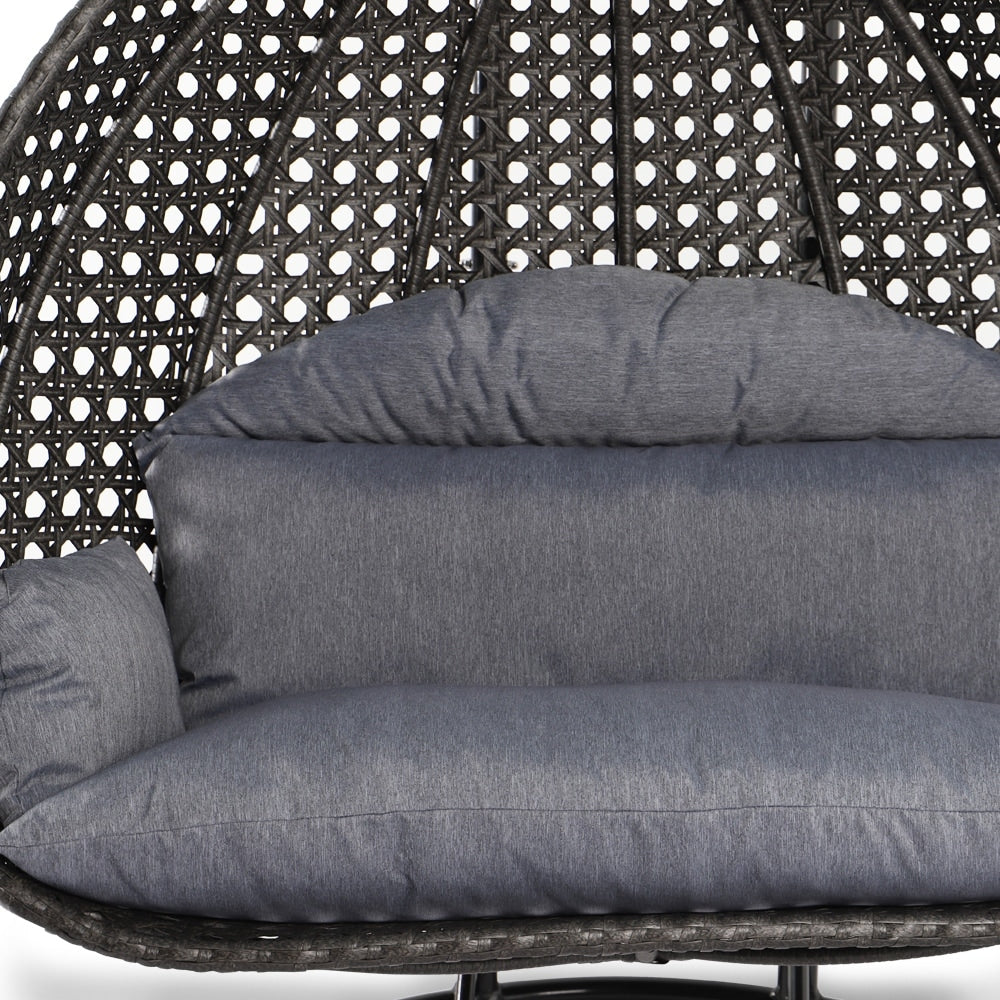LeisureMod 2 Person Hanging Egg Chair with Stand - Outdoor/Indoor Rattan Wicker Patio Swing Hammock Lounger with Cushions