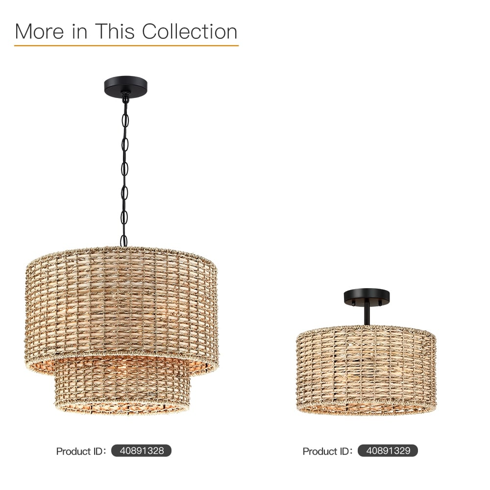 Lennie 20 in. 4-Light Rattan Tiered Drum Chandelier Light with Black Canopy - 20 in. W - 20 in. W